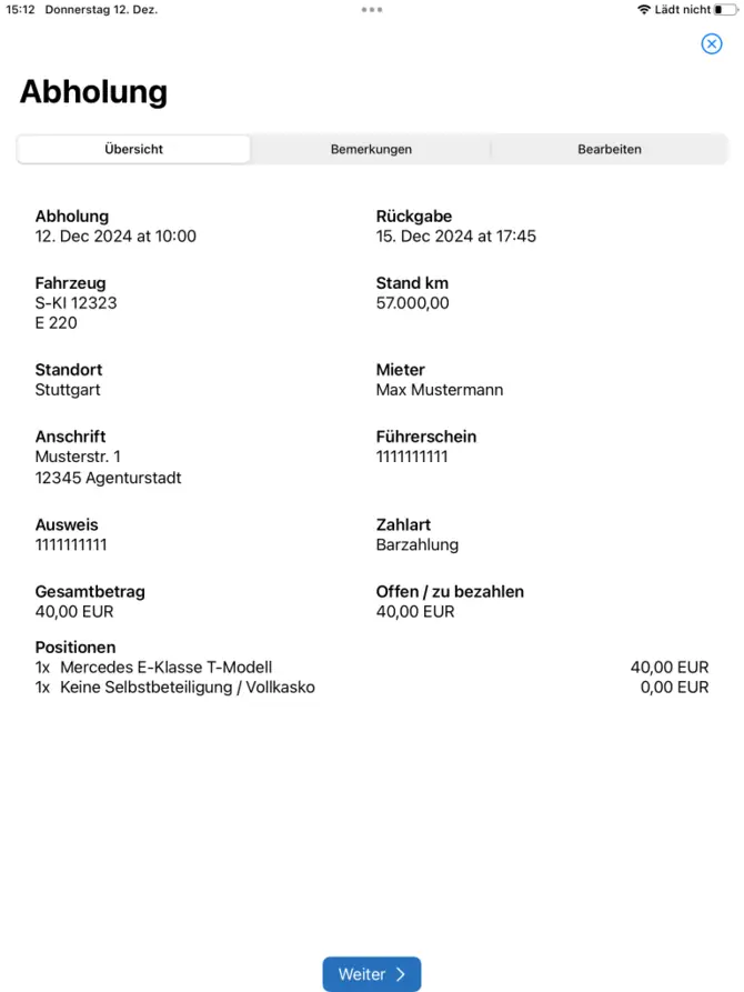 Abholung in der App - Übersicht der Vorgangsdaten