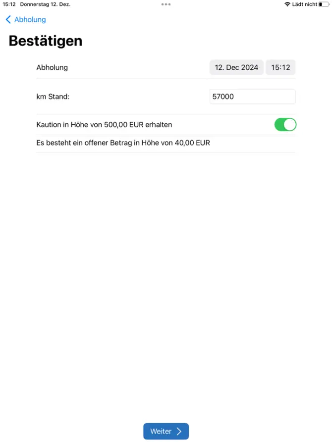 Abholung in der bookyt App - KM Stand, Kaution und Zahlung