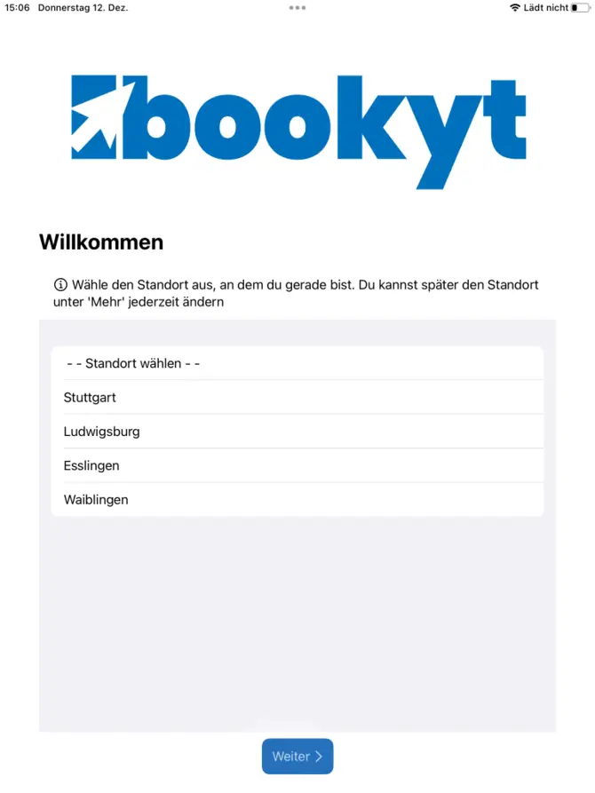 bookyt App Login - Auswahl der Vermietstandorts