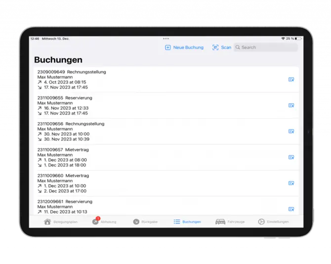 Buchungsübersicht mit Auswahlmöglichkeit