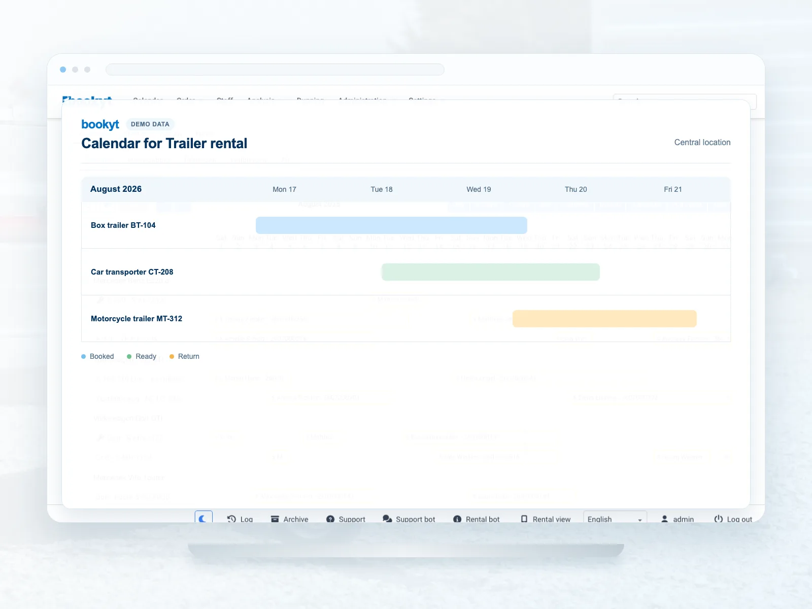 Calendar for rental trailers in Bookyt
