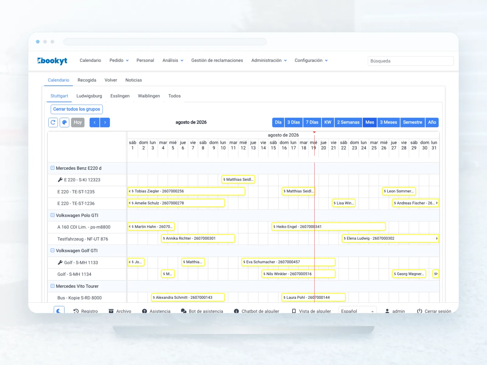 Calendario para remolques de alquiler en Bookyt
