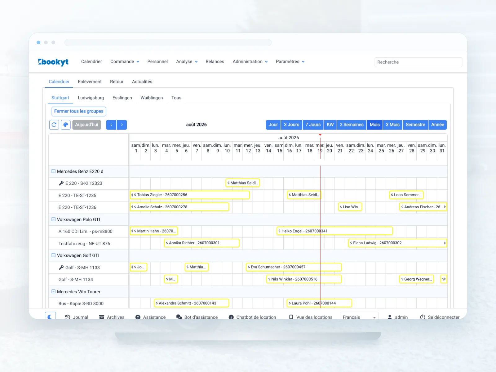 Calendrier des remorques de location dans Bookyt