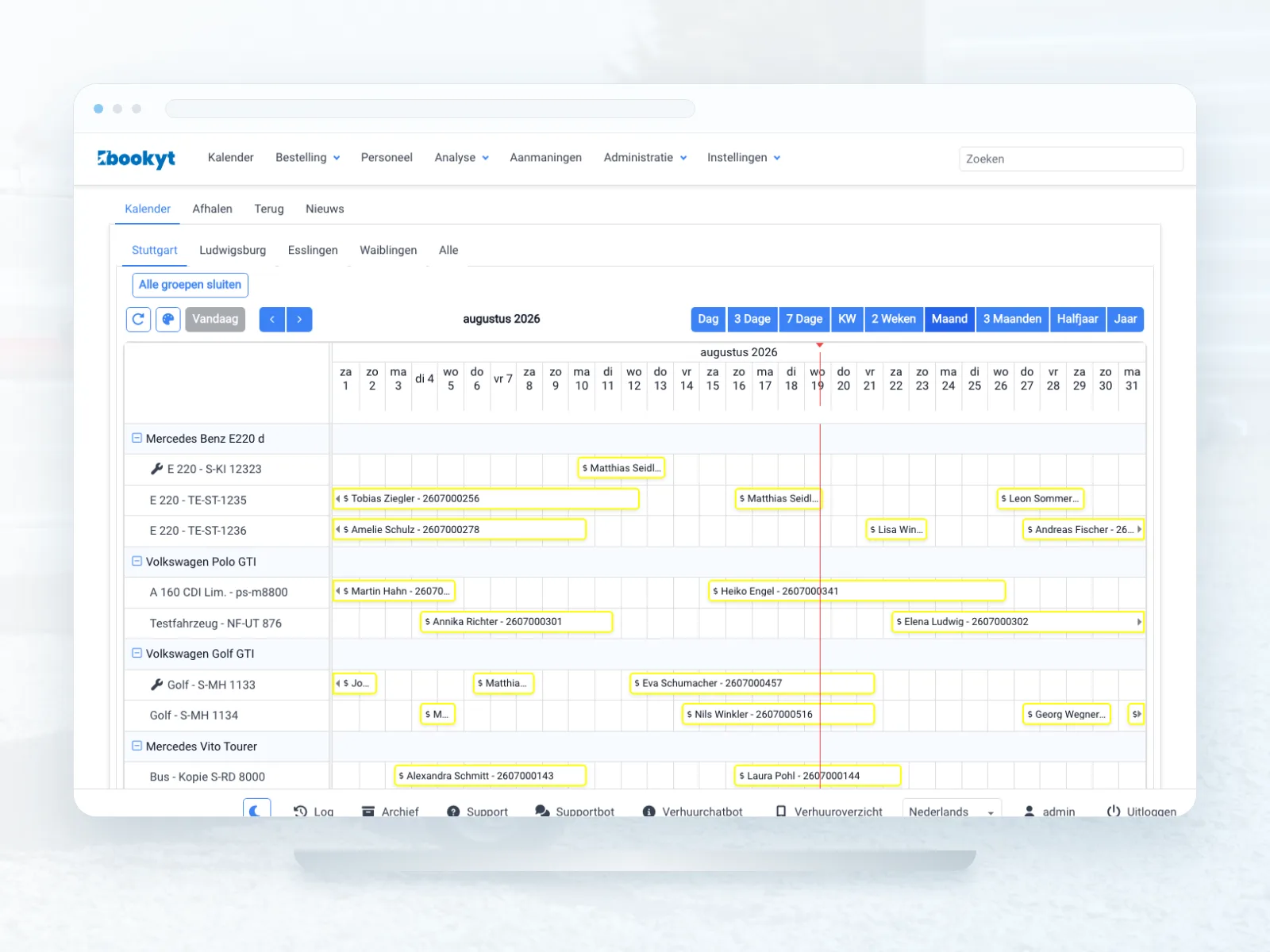 Bezettingskalender voor verhuuraanhangwagens in Bookyt