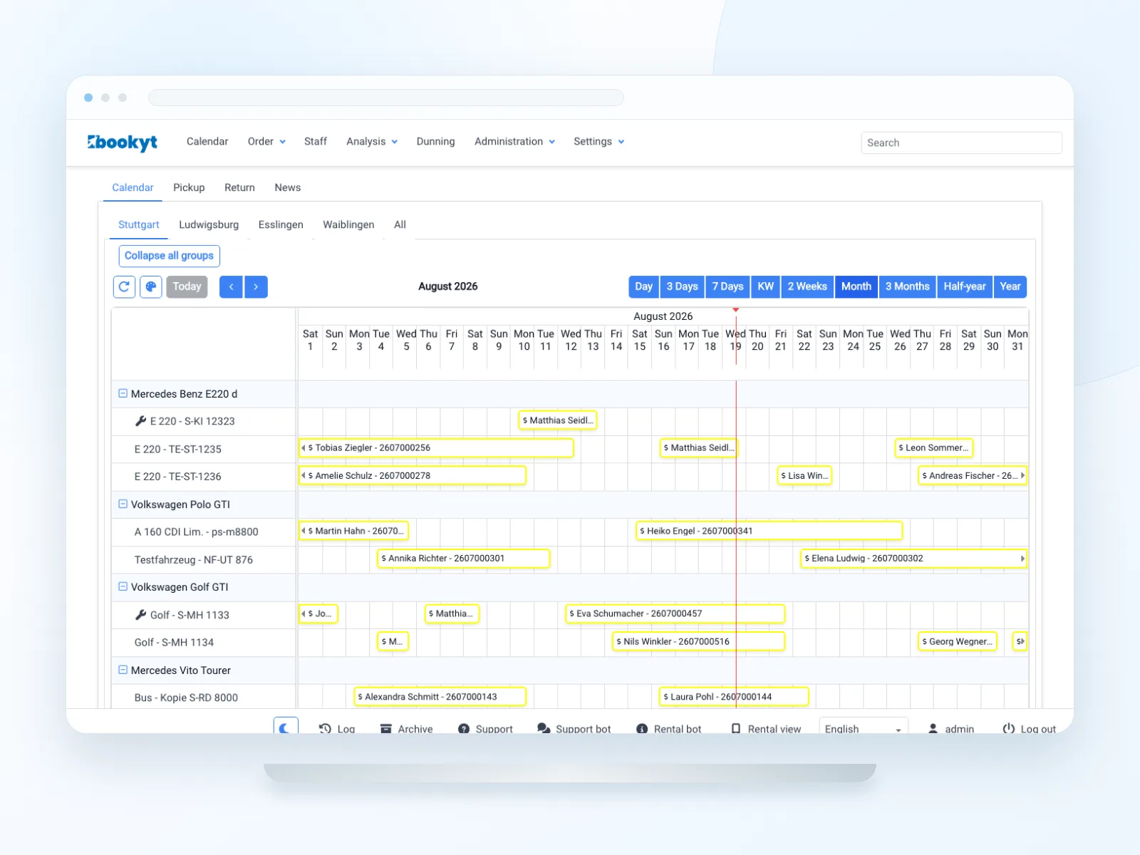 Bookyt Calendar with rental items and booking periods