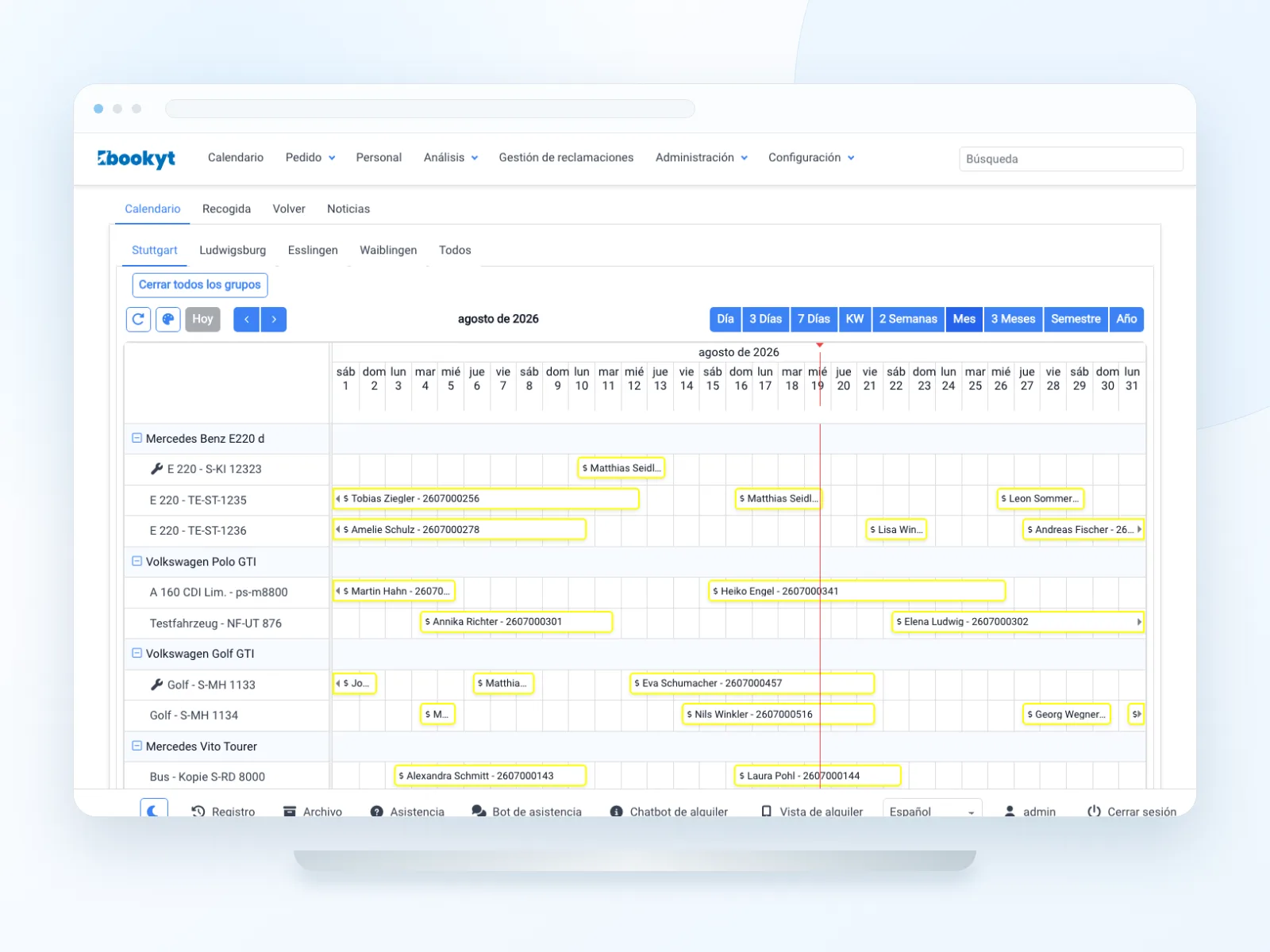 Calendario de Bookyt con art&iacute;culos de alquiler y per&iacute;odos de reserva