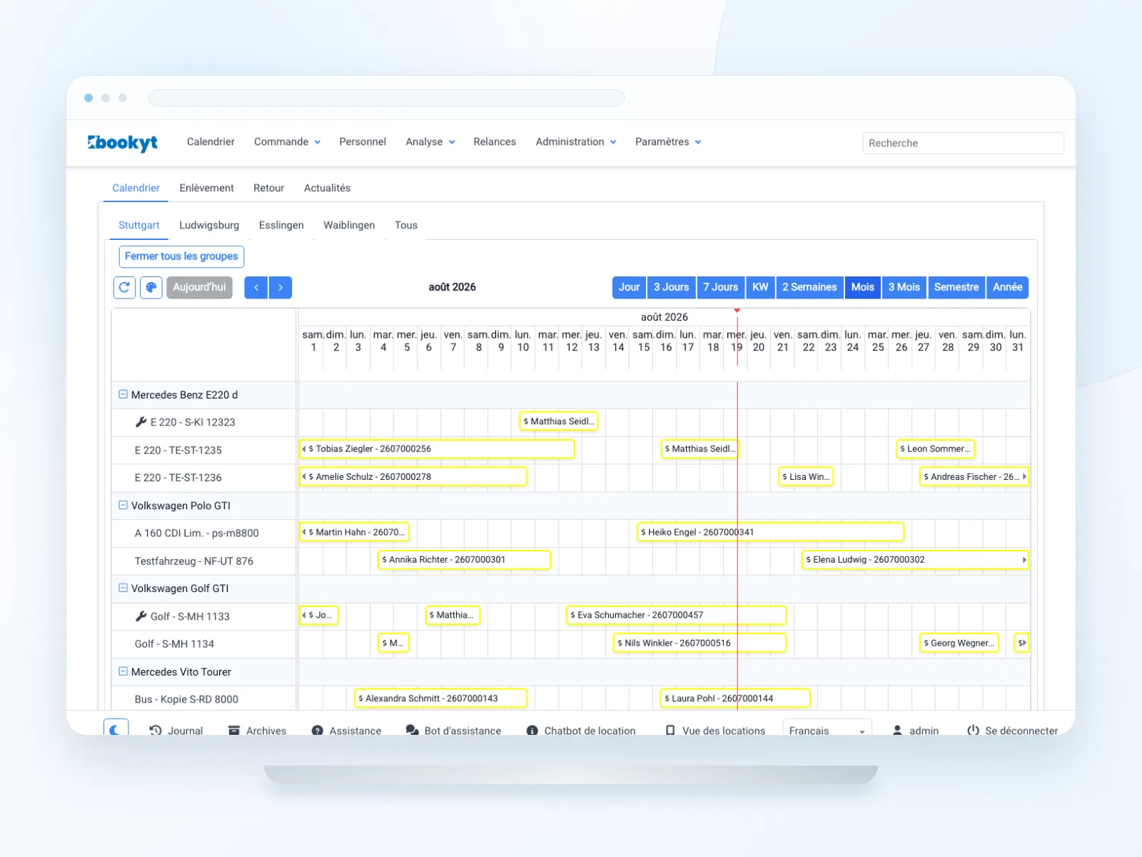 Calendrier Bookyt avec articles de location et p&eacute;riodes de r&eacute;servation