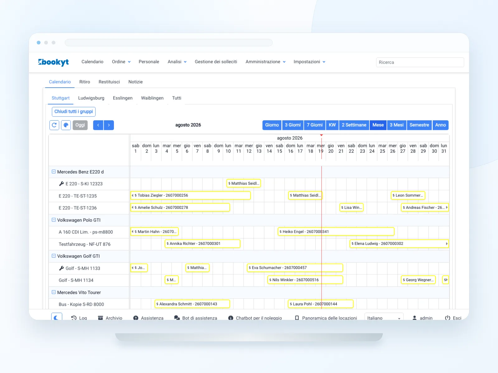 Calendario Bookyt con articoli a noleggio e periodi di prenotazione