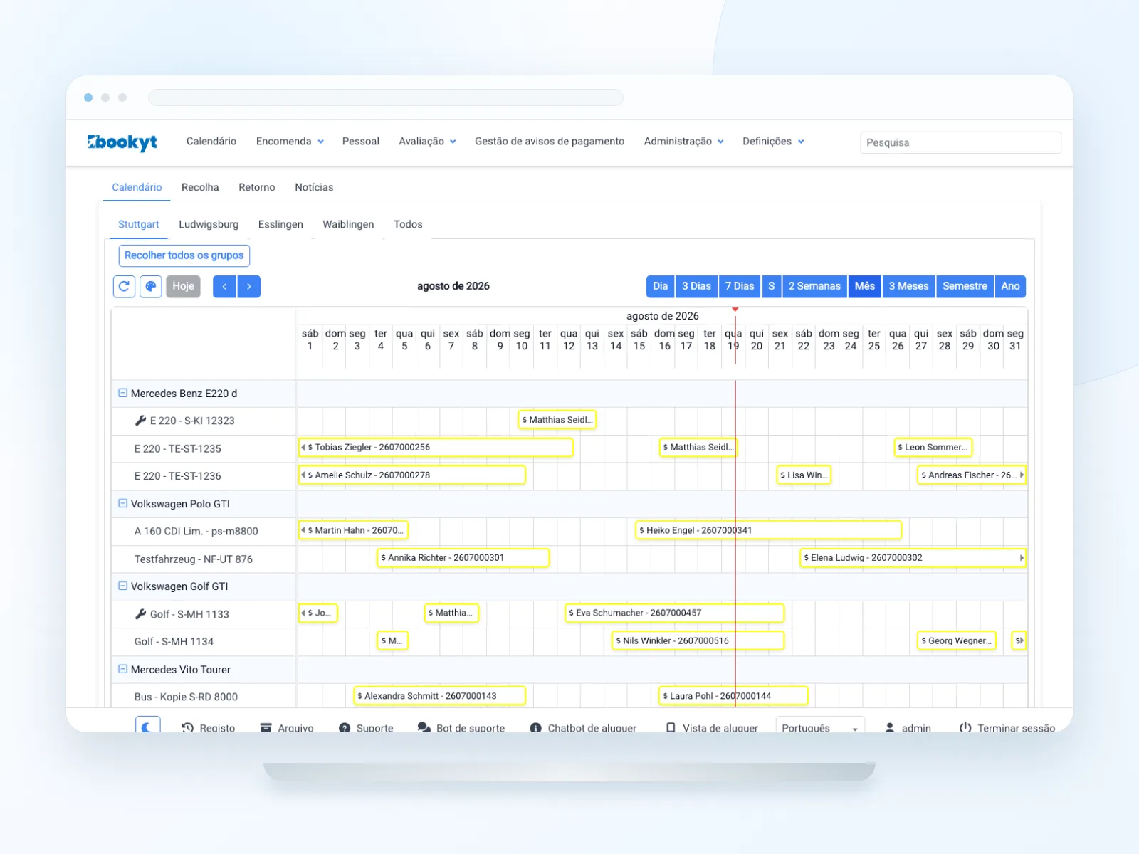 Calend&aacute;rio Bookyt com artigos de aluguer e per&iacute;odos de reserva