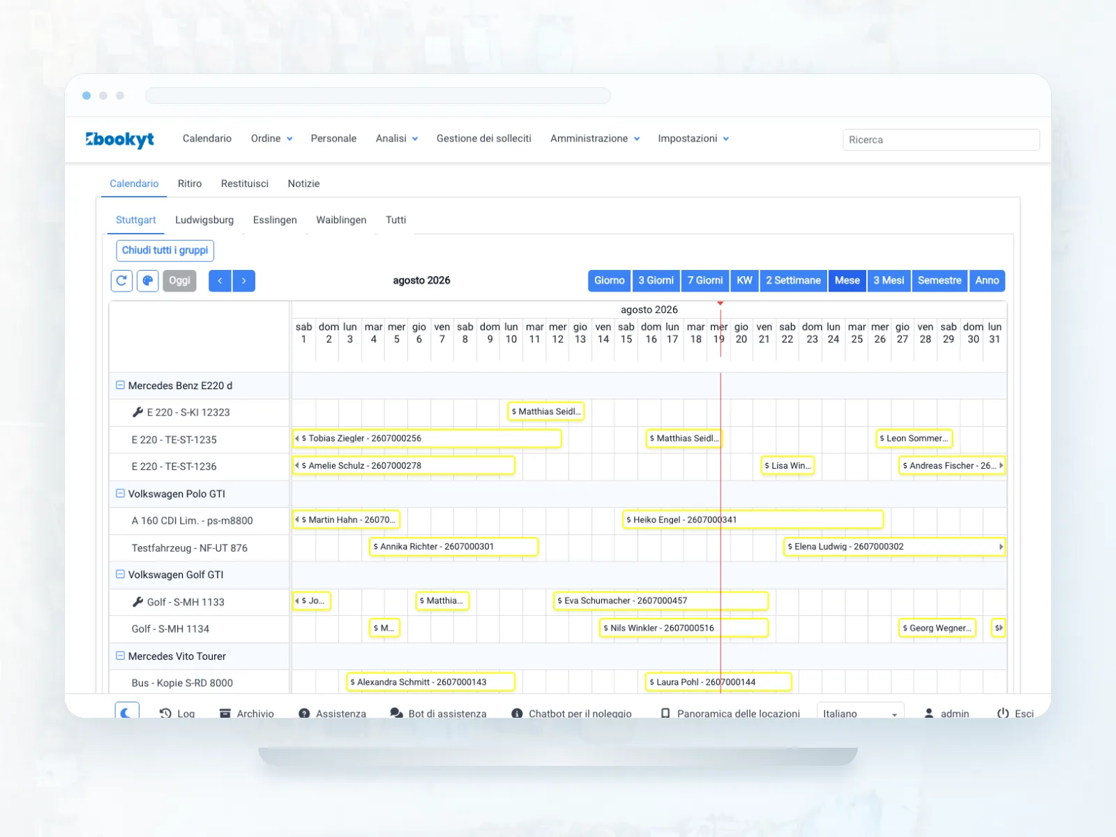 Periodi di utilizzo di macchine da cantiere e attrezzature nel calendario Bookyt