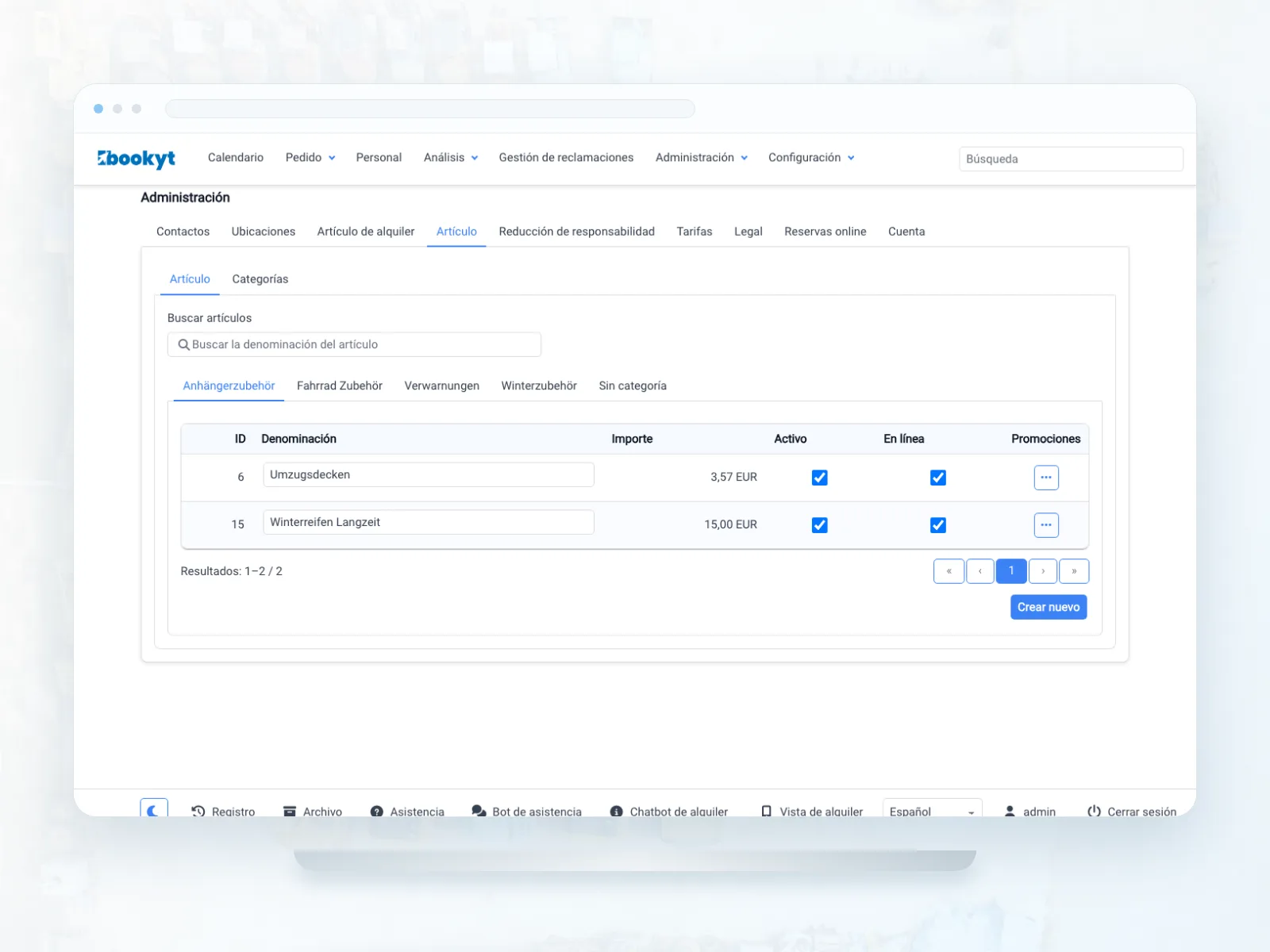 Implementos, accesorios y servicios para alquileres de equipos en Bookyt