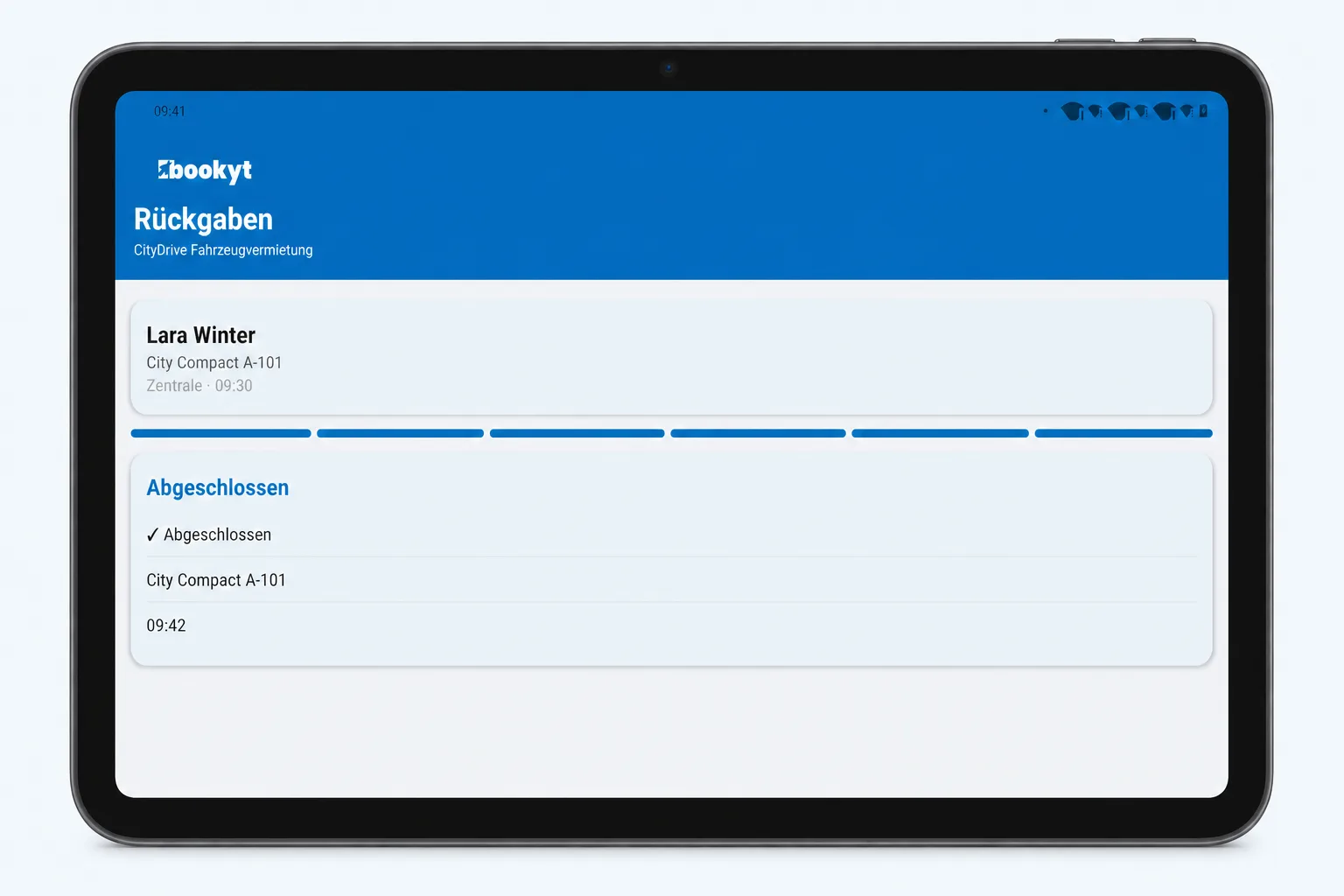 R&uuml;ckgabe eines Mietobjekts in der Bookyt Android App auf dem Tablet