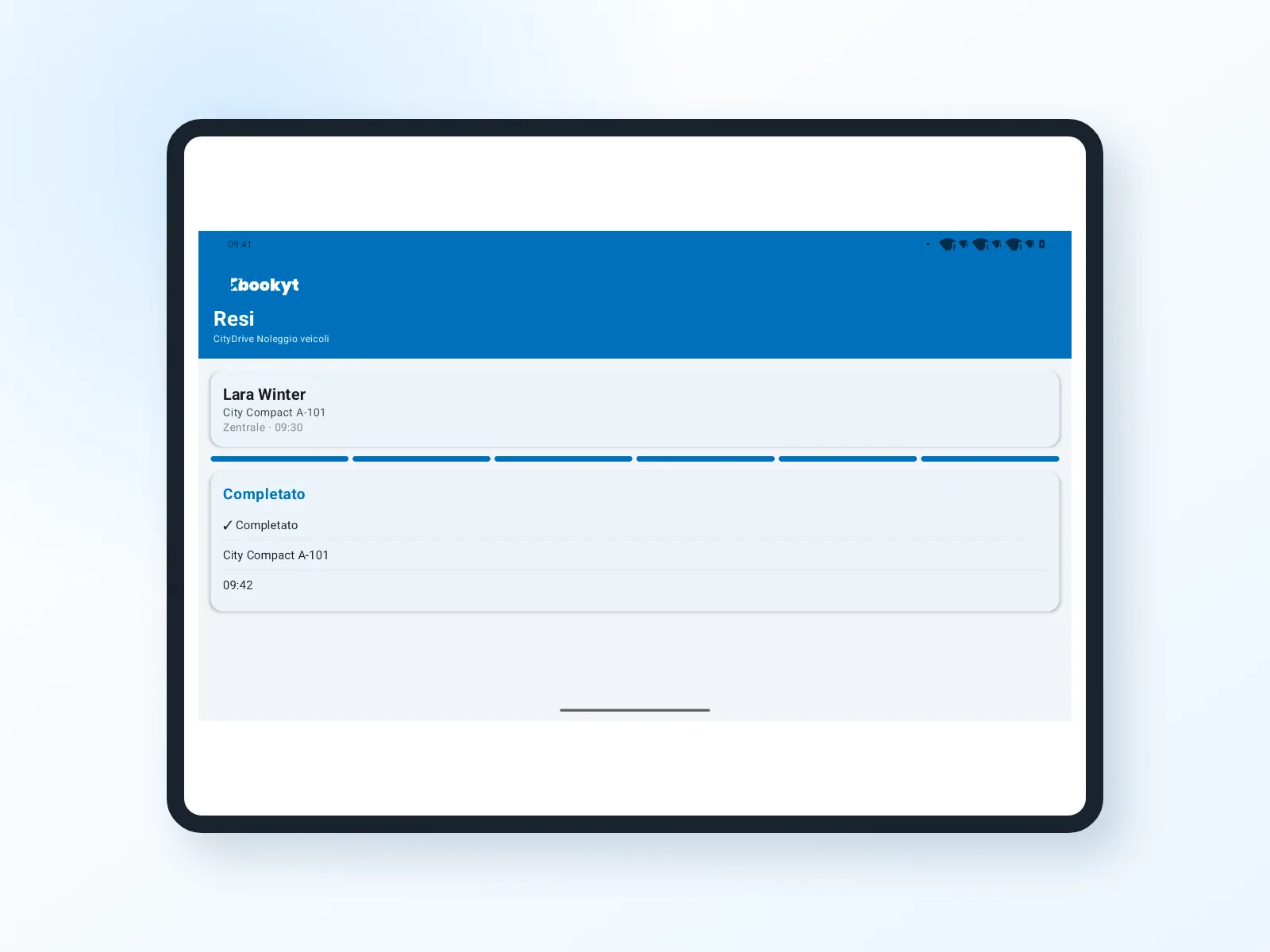 Restituzione di un articolo a noleggio nell'app Bookyt per Android su tablet