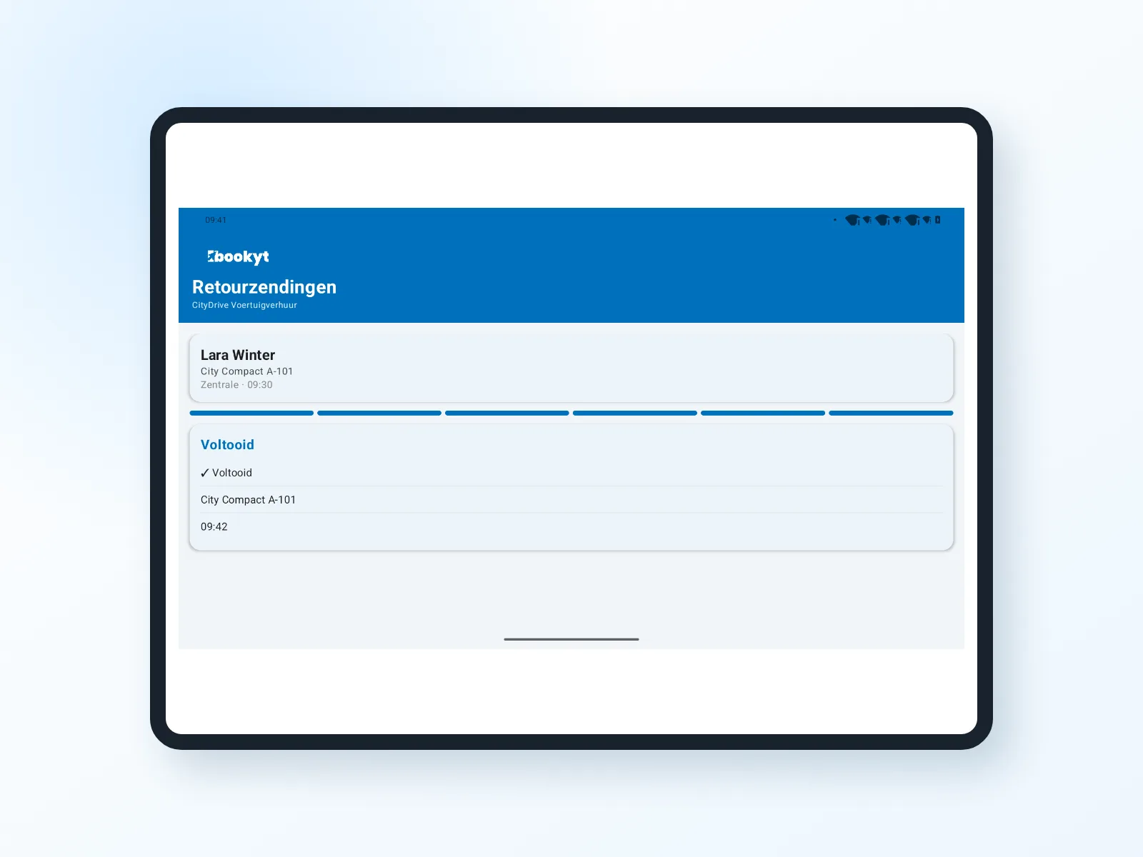 Teruggave van een verhuurartikel in de Bookyt Android-app op een tablet