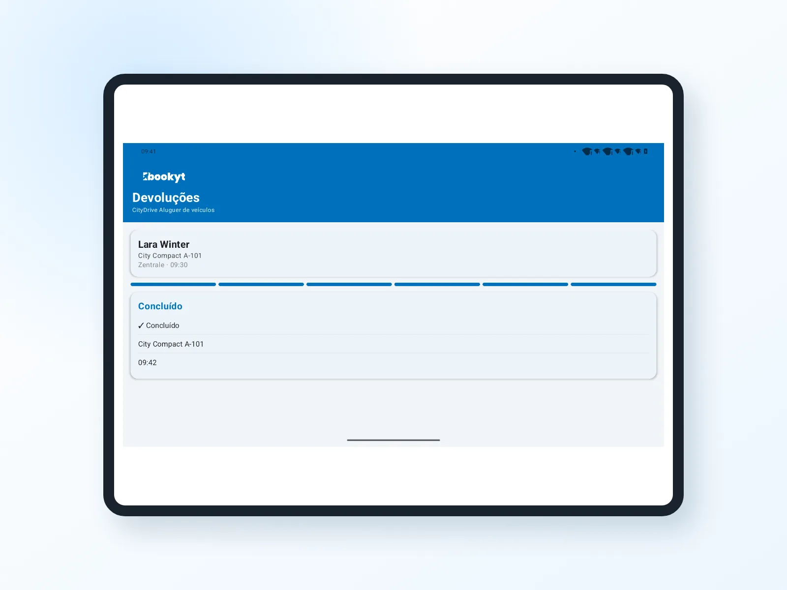 Devolu&ccedil;&atilde;o de um artigo de aluguer na app Bookyt para Android num tablet