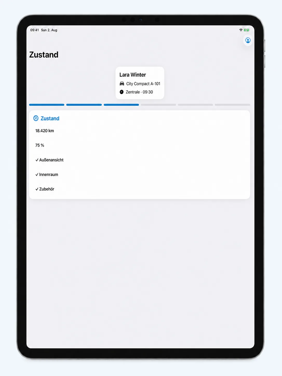 Zustand, Kilometerstand und passende Angaben in der Bookyt iPad App