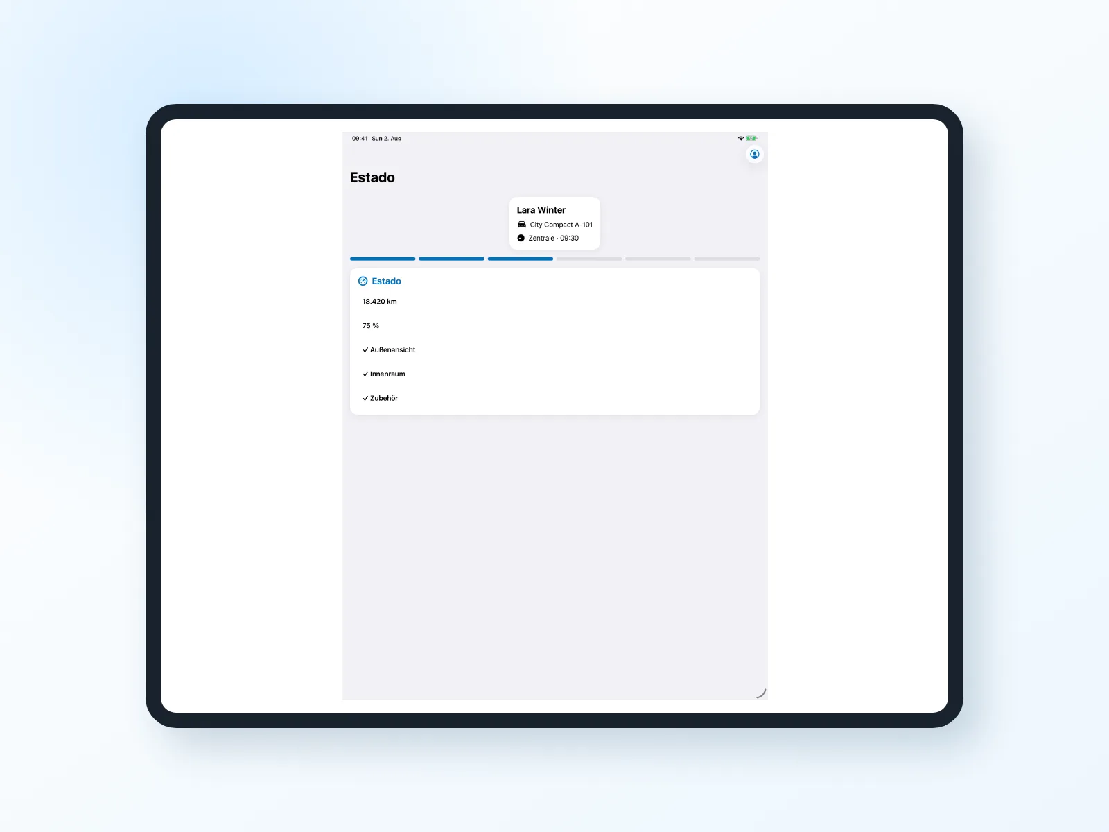 Estado, kilometraje y datos relevantes en la app de Bookyt para iPad