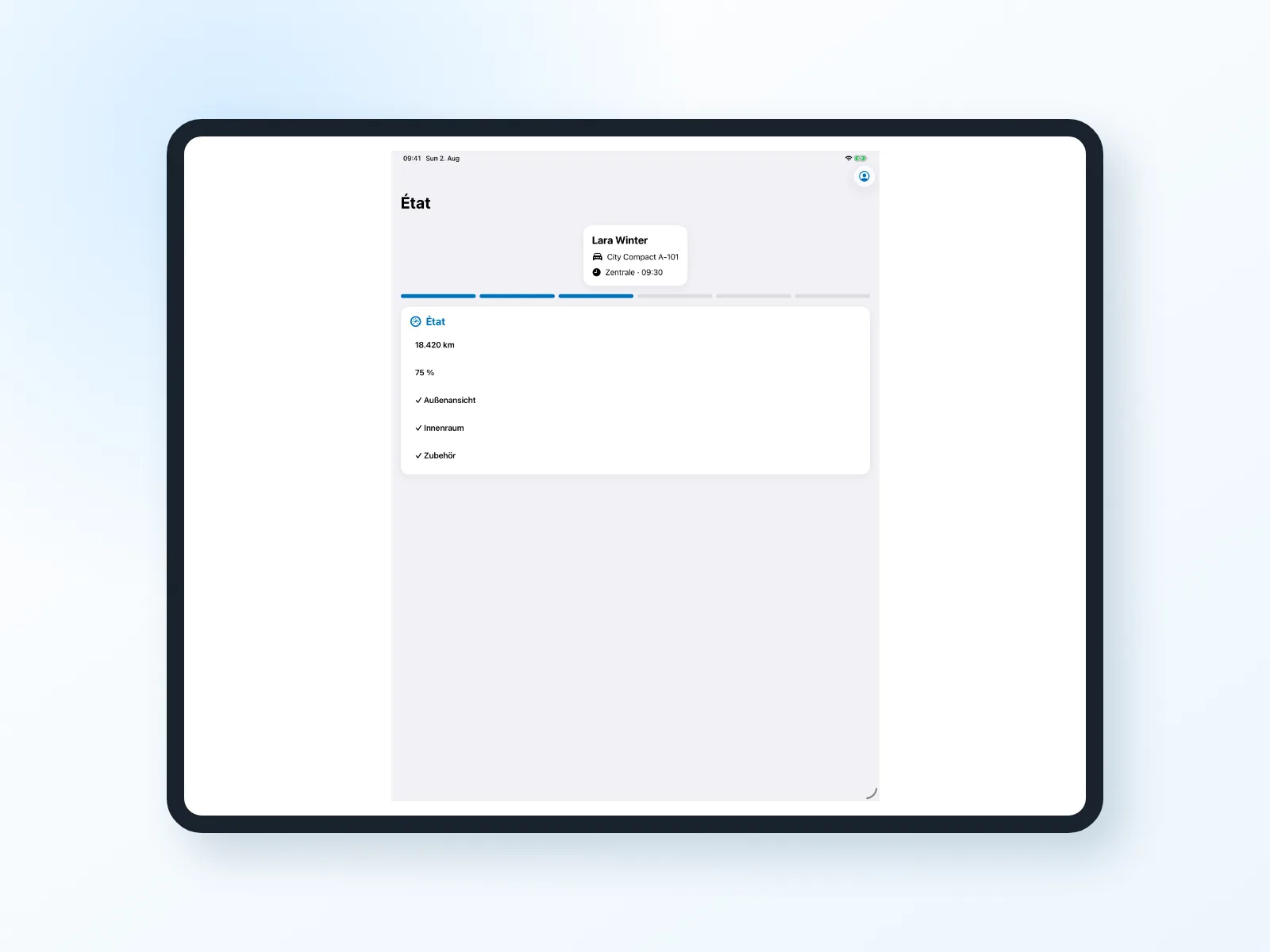 &Eacute;tat, kilom&eacute;trage et informations pertinentes dans l&rsquo;application Bookyt pour iPad