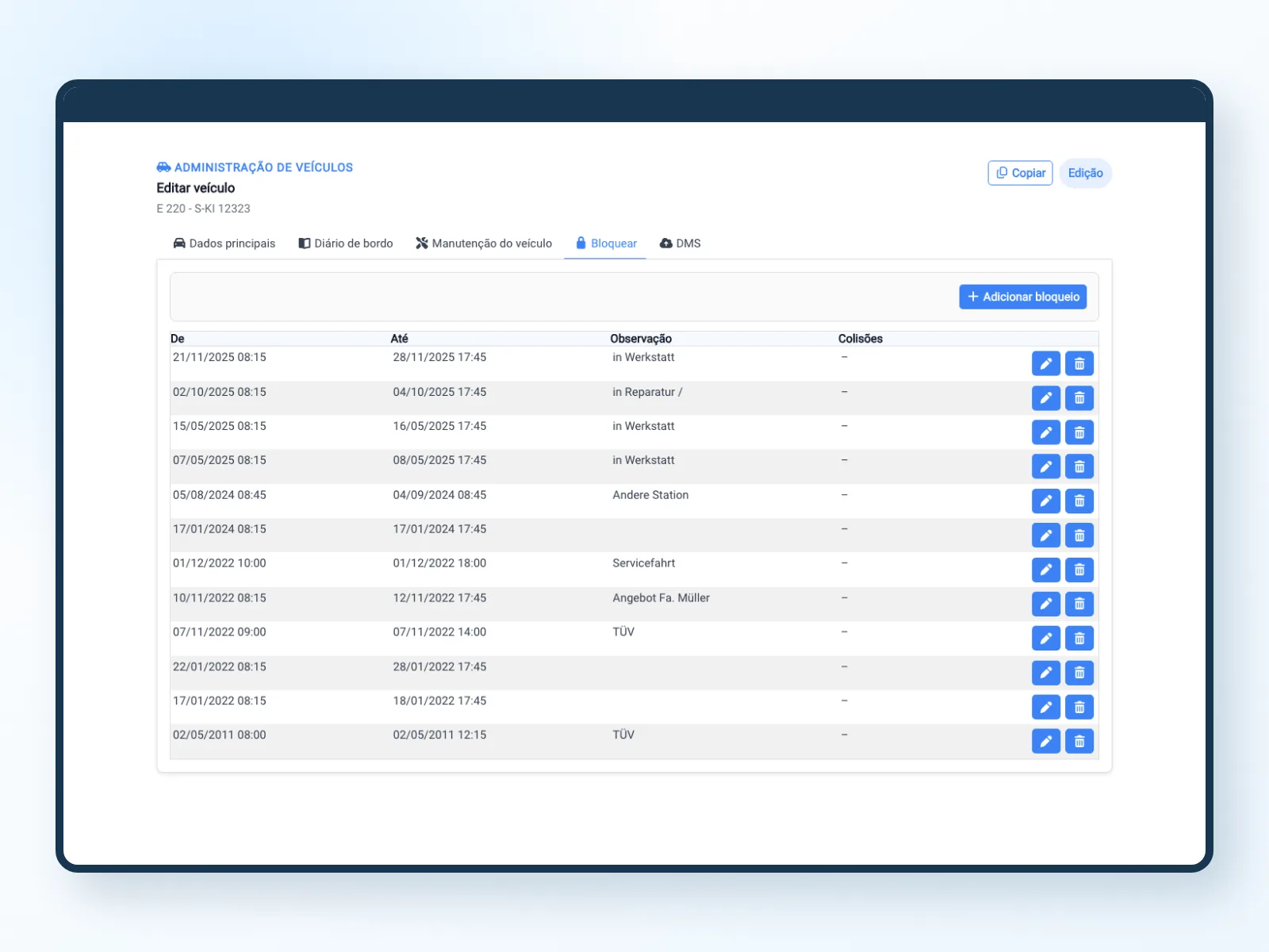 Bloqueios com data e hora de in&iacute;cio e fim diretamente no artigo de aluguer na Bookyt