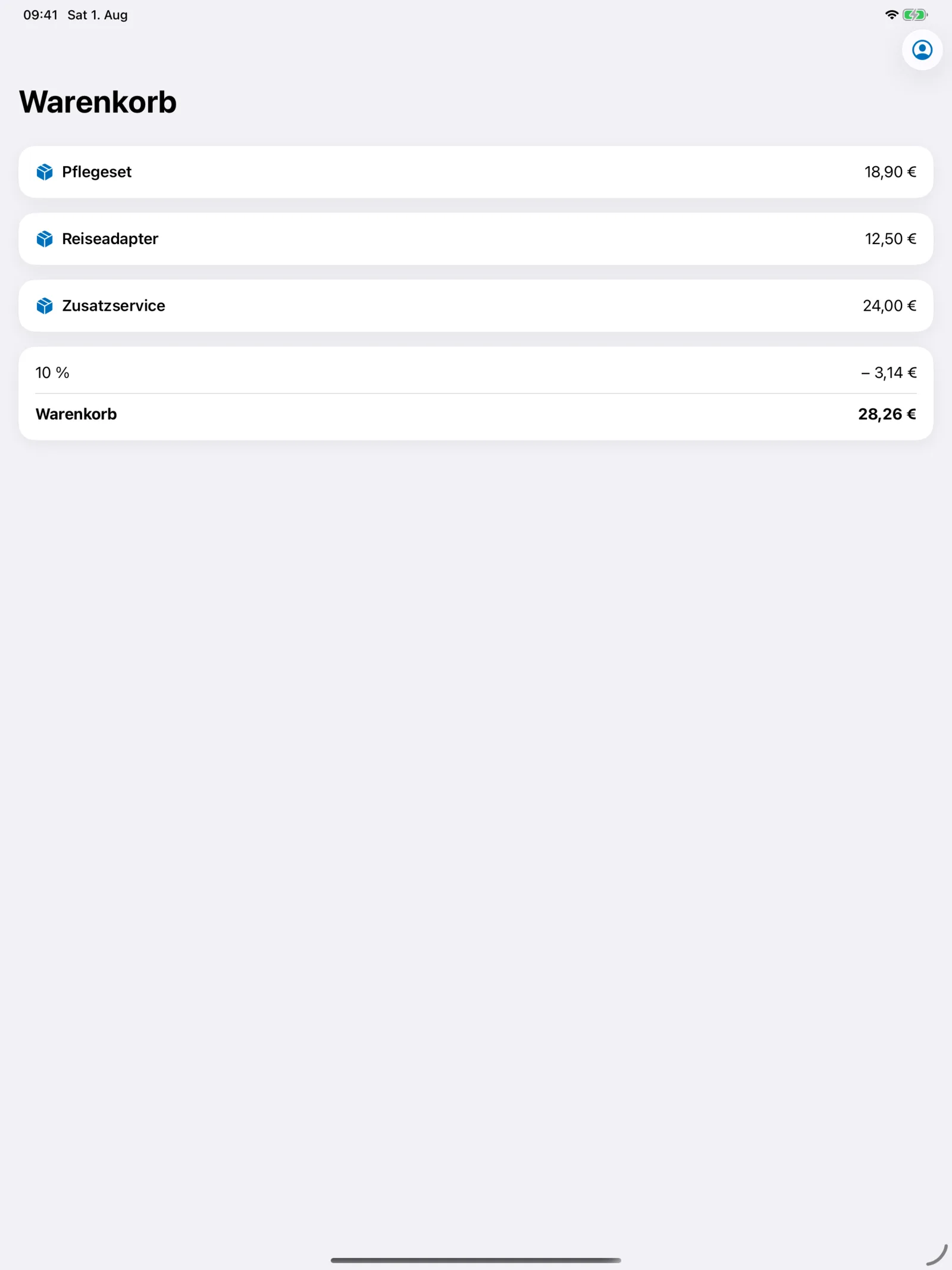 Bookyt Kassensystem auf dem iPad mit Artikeln und Warenkorb