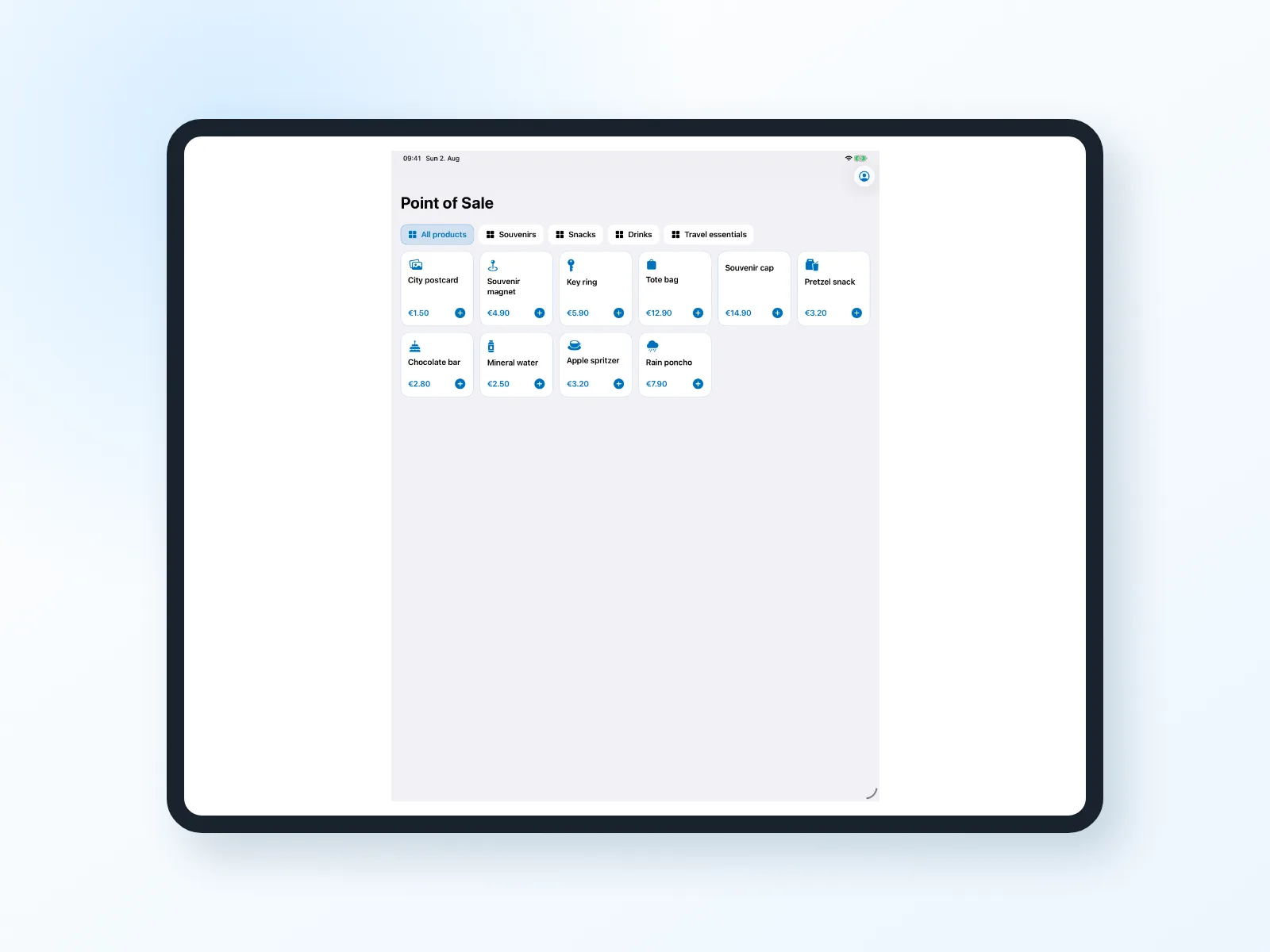 Bookyt point-of-sale system on iPad with items and shopping basket