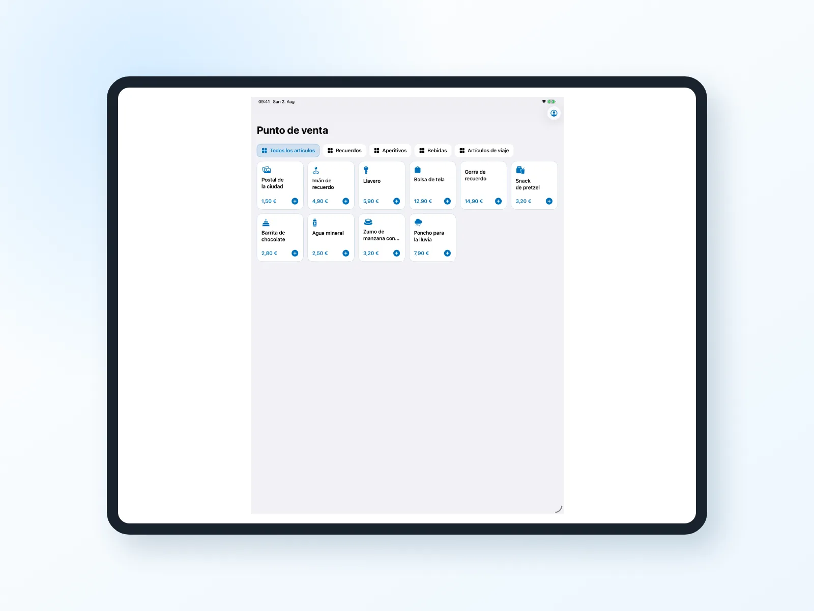 Sistema de punto de venta de Bookyt en iPad con art&iacute;culos y carrito de compra