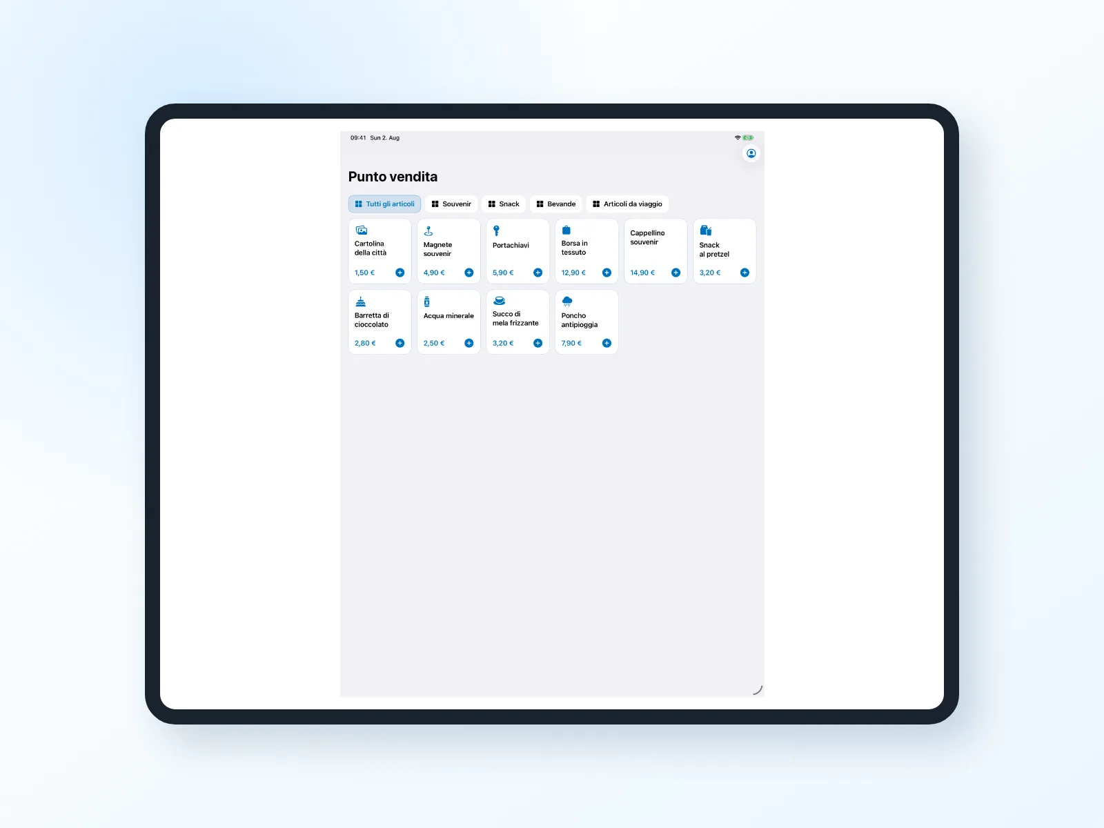 Sistema di cassa Bookyt su iPad con articoli e carrello