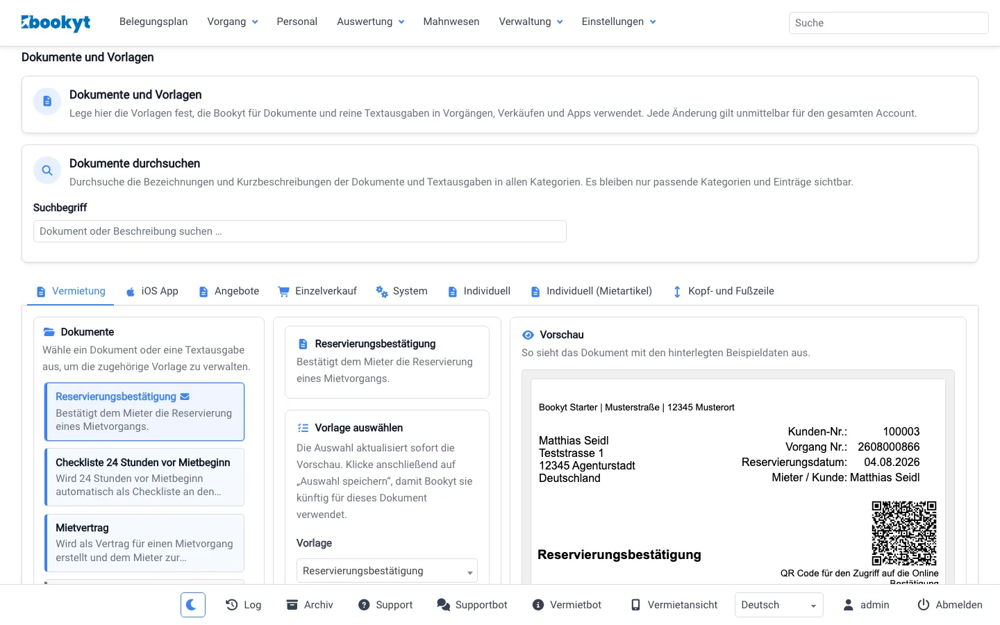Dokumente, Vorlagen und Vorschau f&uuml;r eine Vermietung im Bookyt-Backend