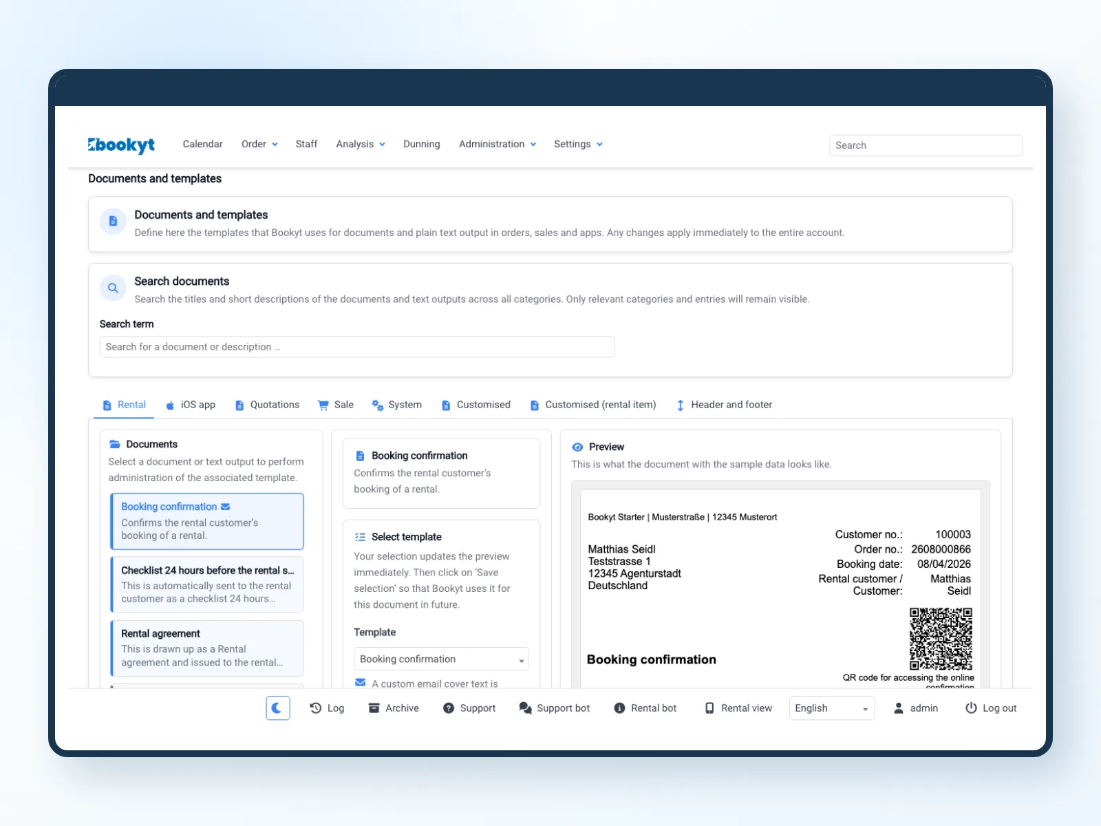 Documents, templates and preview for a rental in the Bookyt back office