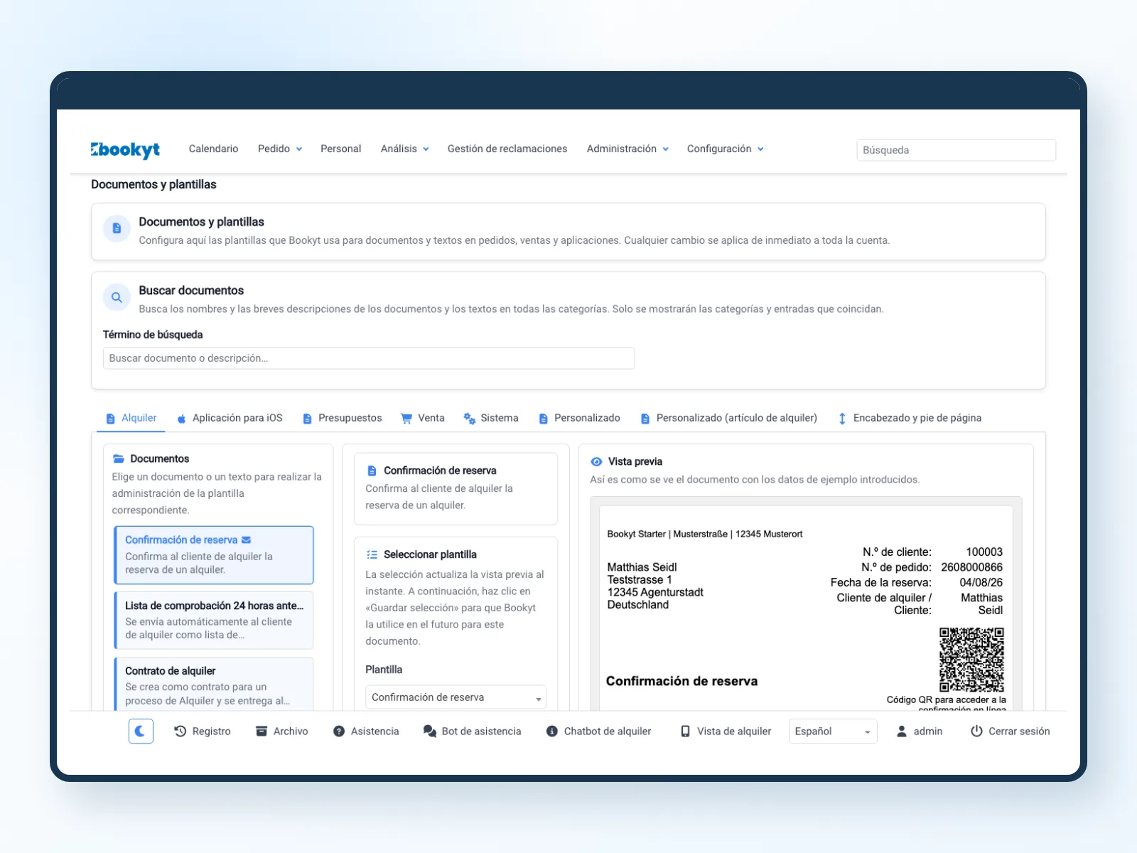 Documentos, plantillas y vista previa de un alquiler en el backend de Bookyt