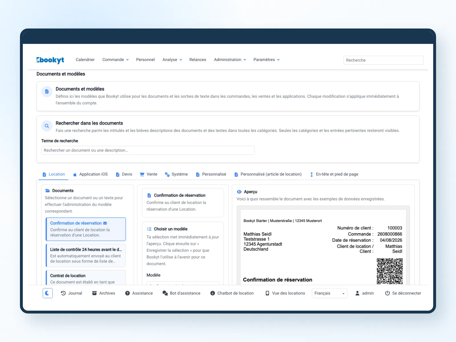 Documents, mod&egrave;les et aper&ccedil;u d&rsquo;une location dans le back-office Bookyt