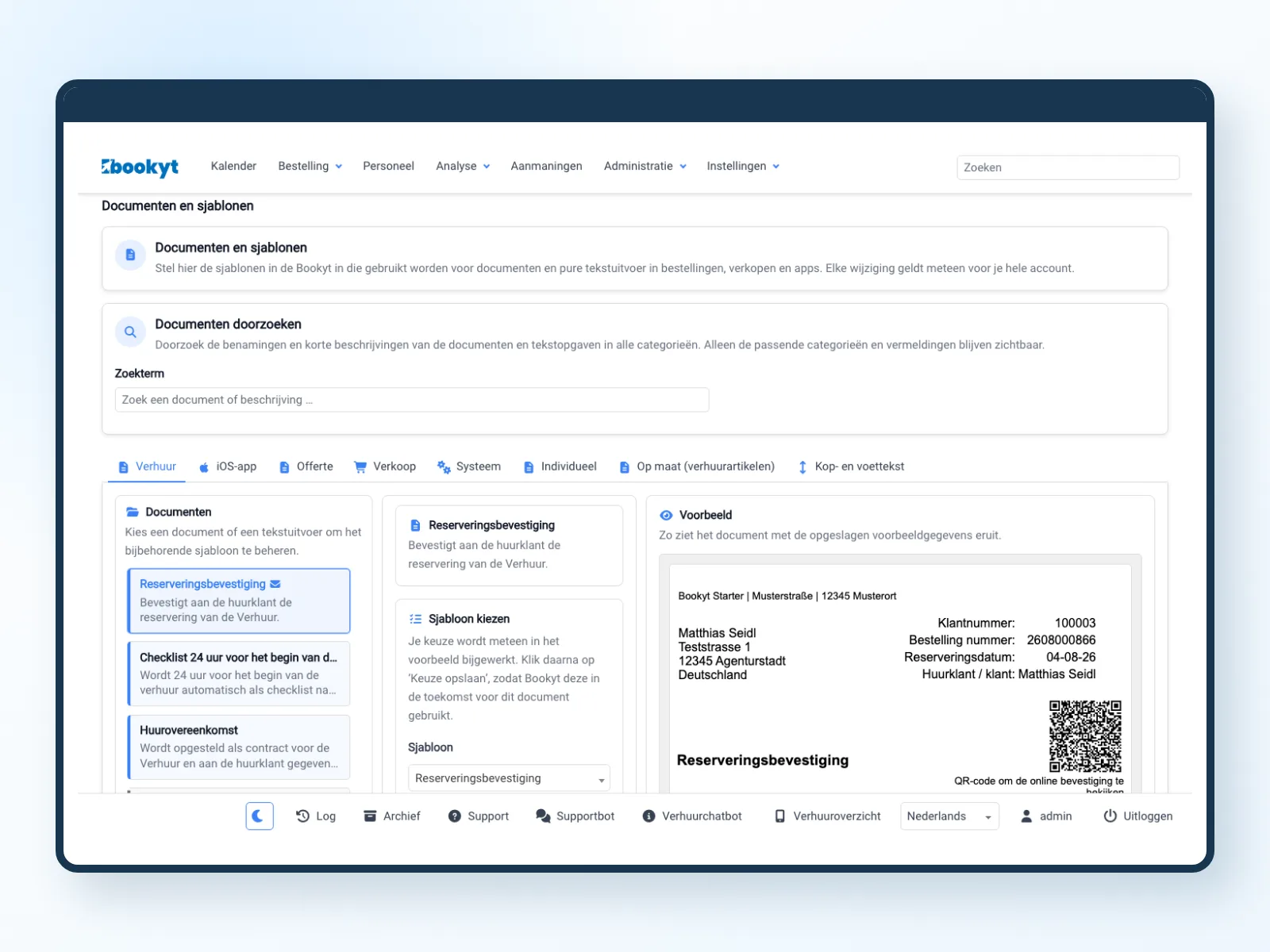 Documenten, sjablonen en voorbeeldweergave voor een verhuur in de Bookyt-backend