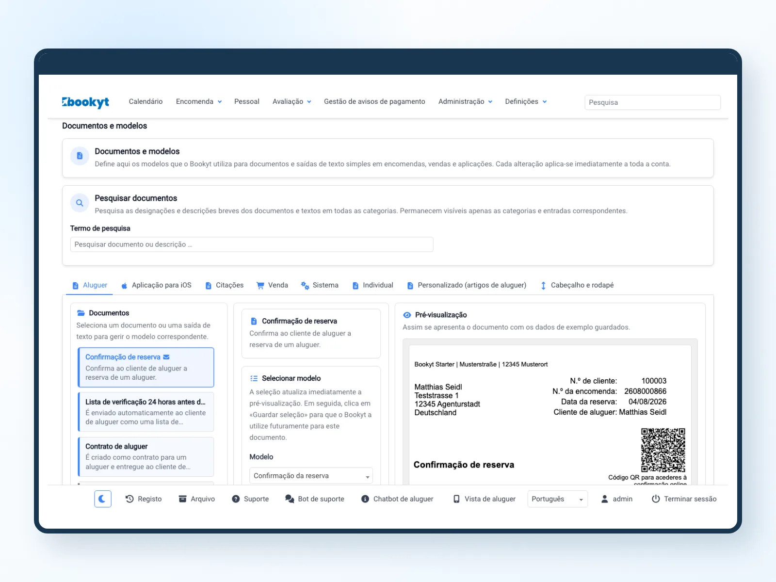 Documentos, modelos e pr&eacute;-visualiza&ccedil;&atilde;o de um aluguer no back office da Bookyt