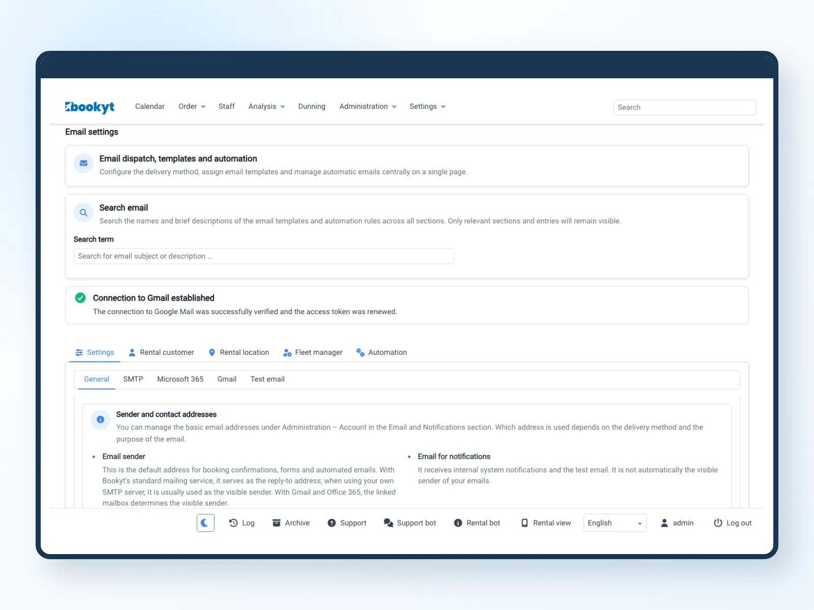 Email settings and templates for communicating with rental customers in Bookyt