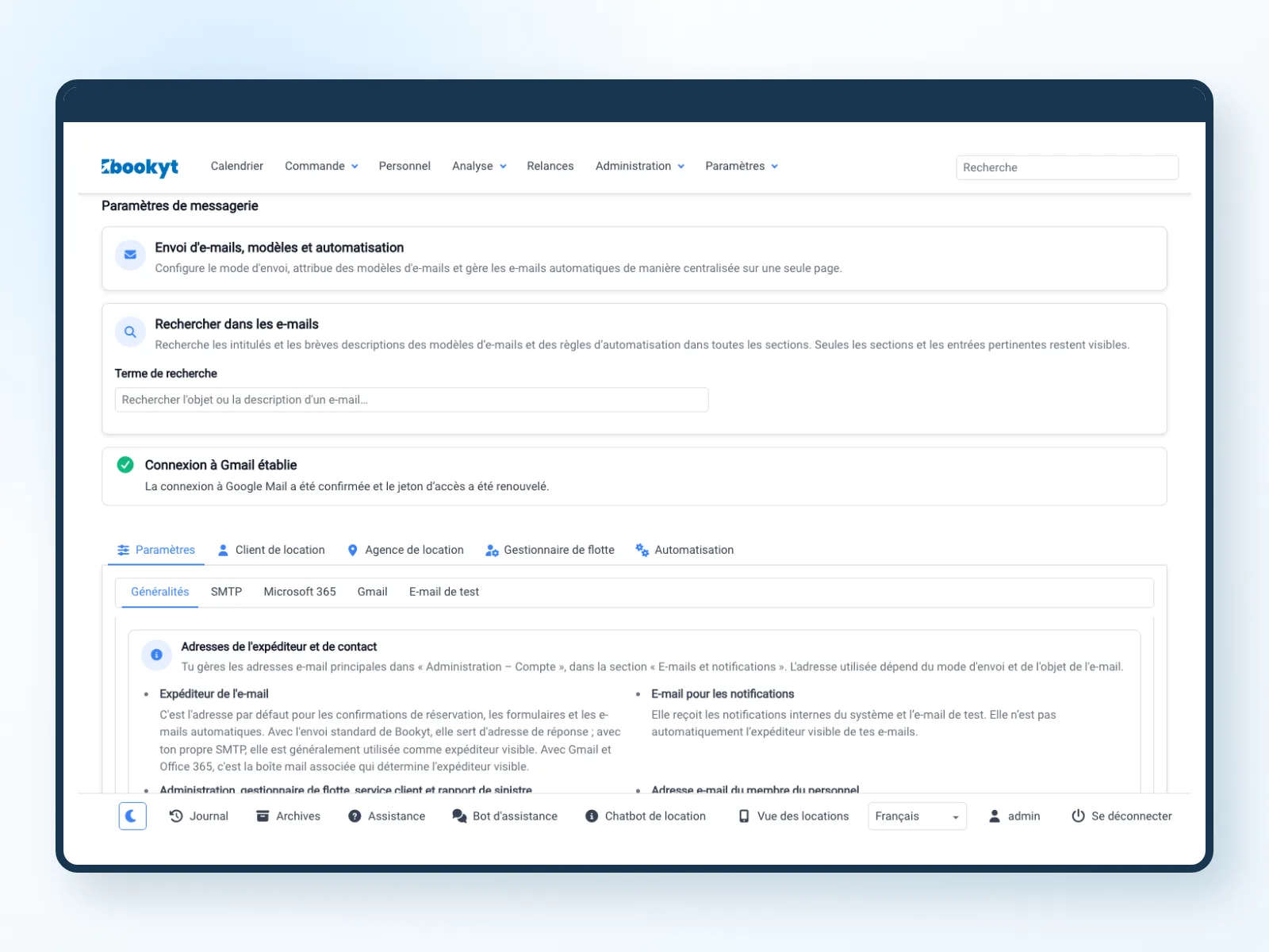 Param&egrave;tres e-mail et mod&egrave;les pour communiquer avec les clients de location dans Bookyt