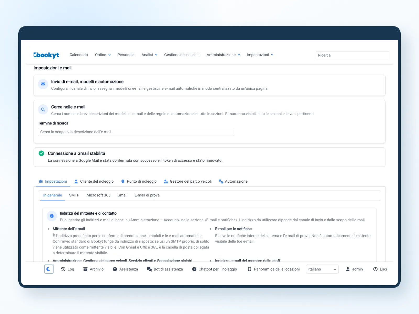Impostazioni e-mail di Bookyt con modelli, servizi di invio e automazione