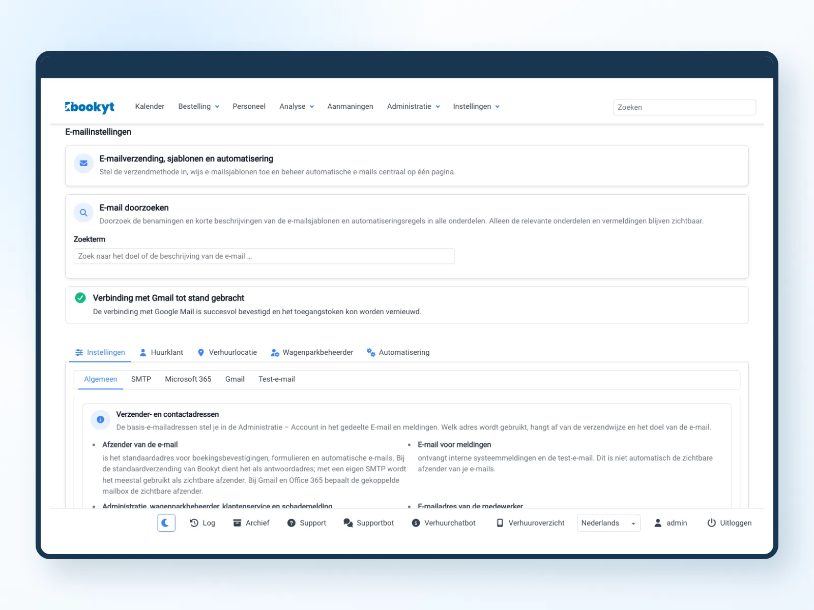 E-mailinstellingen en sjablonen voor communicatie met huurklanten in Bookyt
