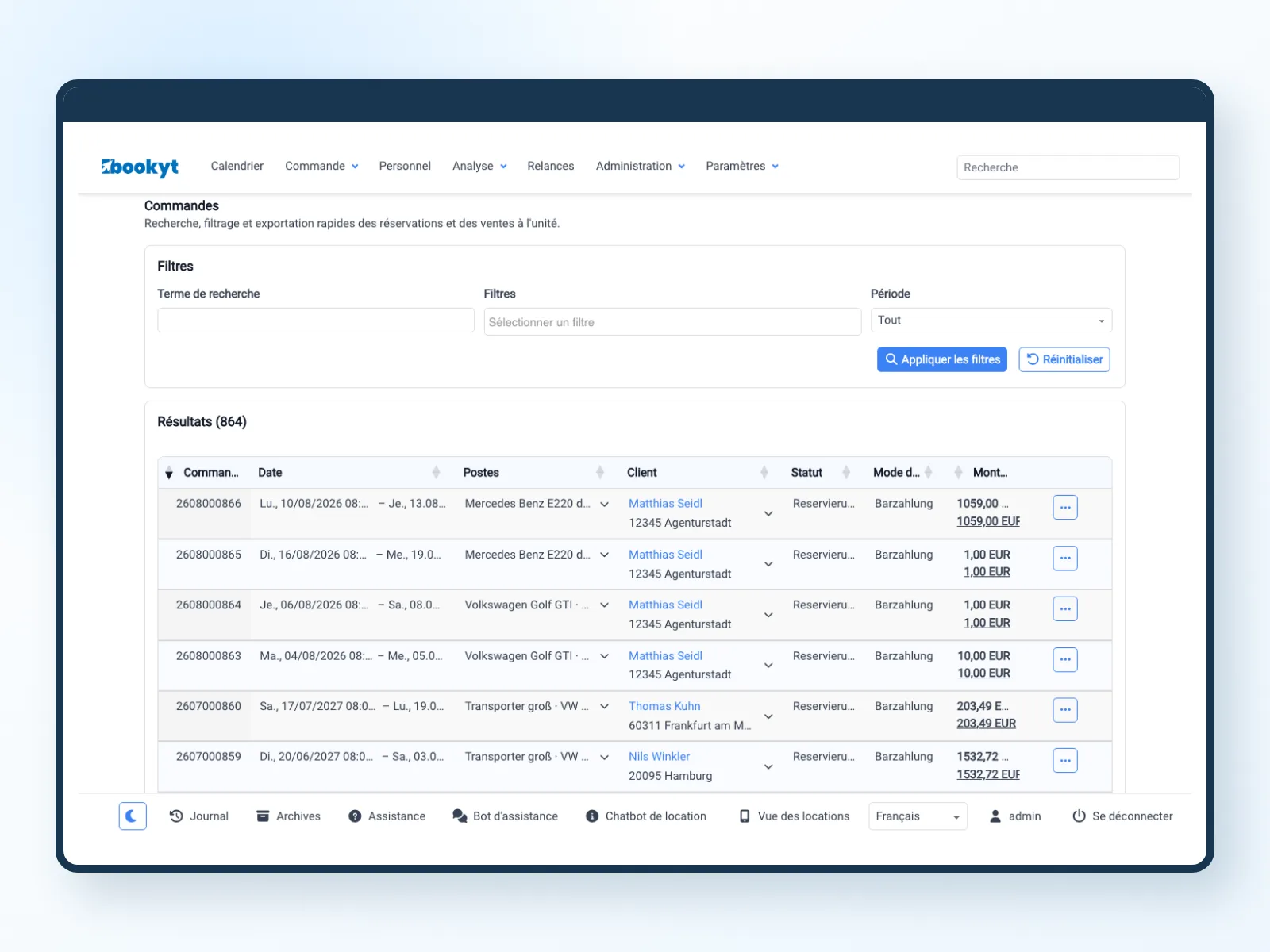 Gestion centralis&eacute;e des dossiers de location, clients, articles de location, statuts et paiements dans Bookyt