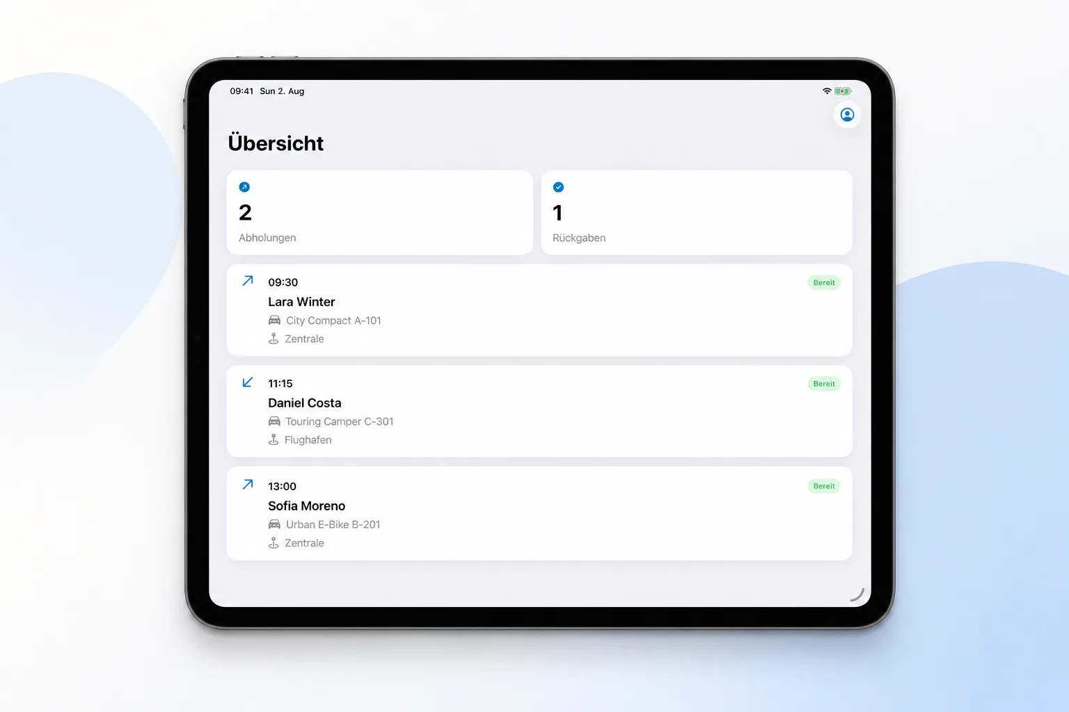 &Uuml;bersicht mobiler Mietvorg&auml;nge in der Bookyt App in einem iPad-Rahmen