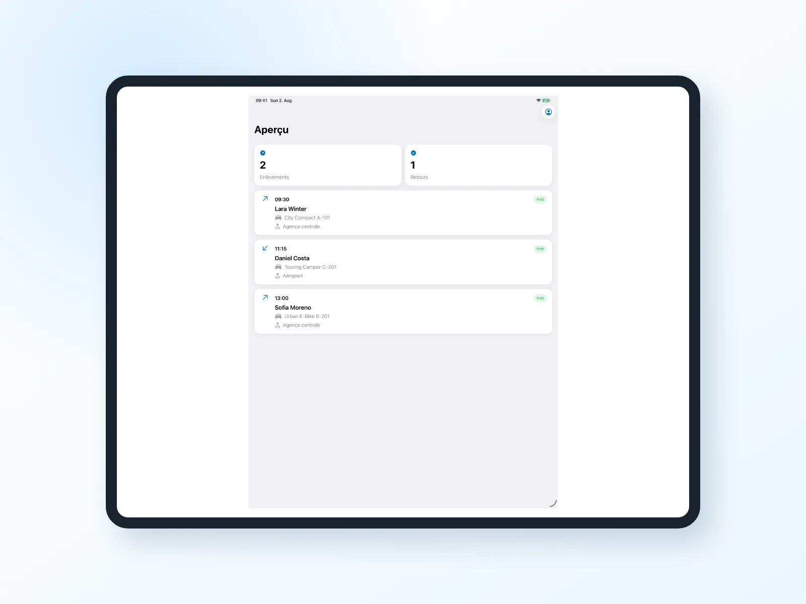 Aper&ccedil;u des locations mobiles dans l&rsquo;application Bookyt, affich&eacute; sur un iPad
