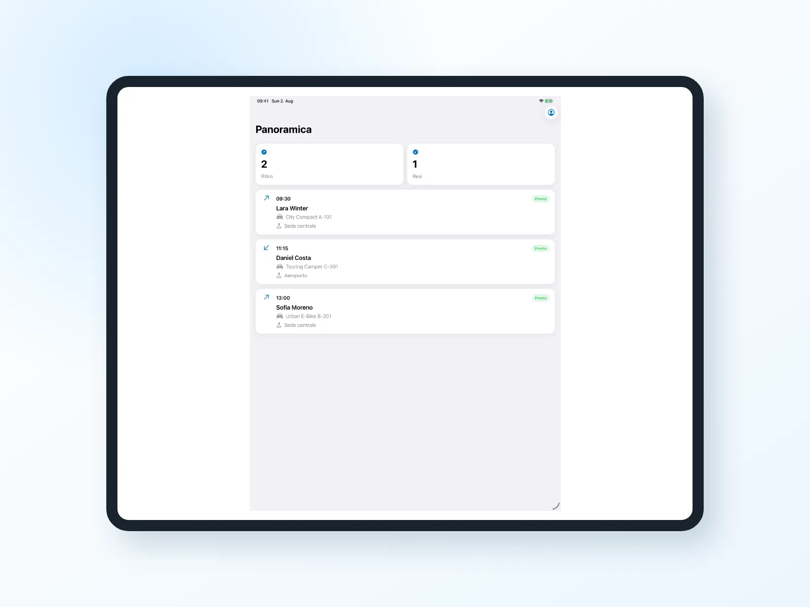 Panoramica dei noleggi mobili nell'app Bookyt, visualizzata in una cornice iPad