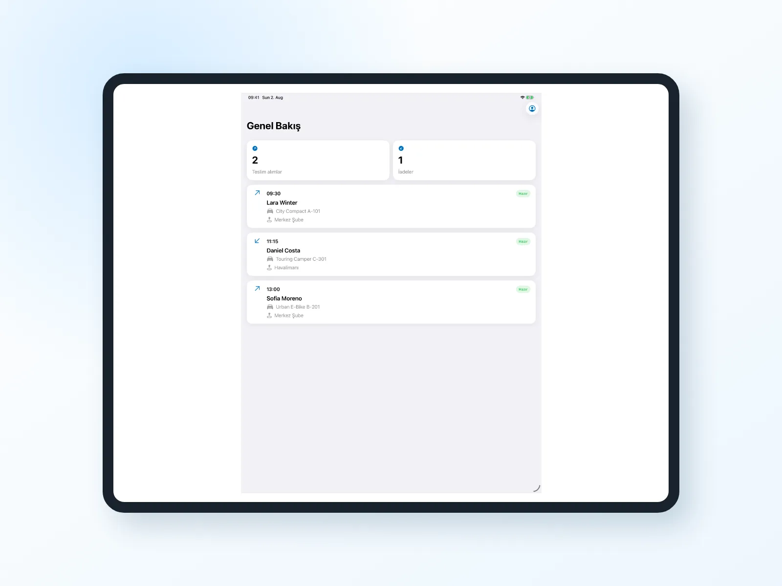 iPad &ccedil;er&ccedil;evesinde Bookyt uygulamasındaki mobil kiralama işlemlerinin genel g&ouml;r&uuml;n&uuml;m&uuml;