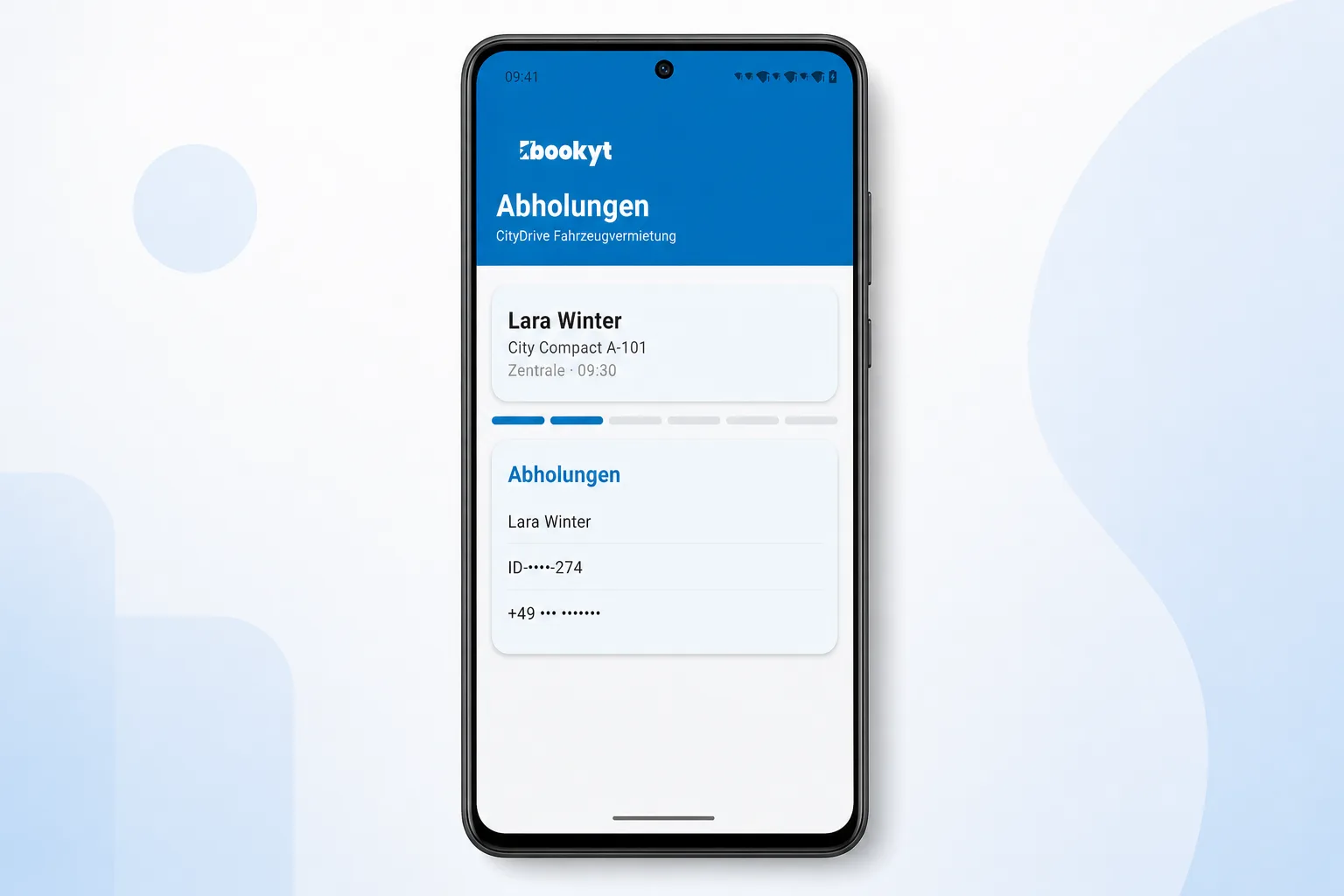 &Uuml;bergabe mit Kundendaten in der Bookyt App in einem Android-Smartphone-Rahmen