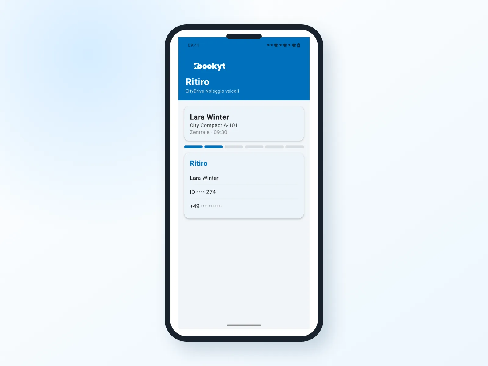 Consegna con dati del cliente nell'app Bookyt, visualizzata in una cornice smartphone Android