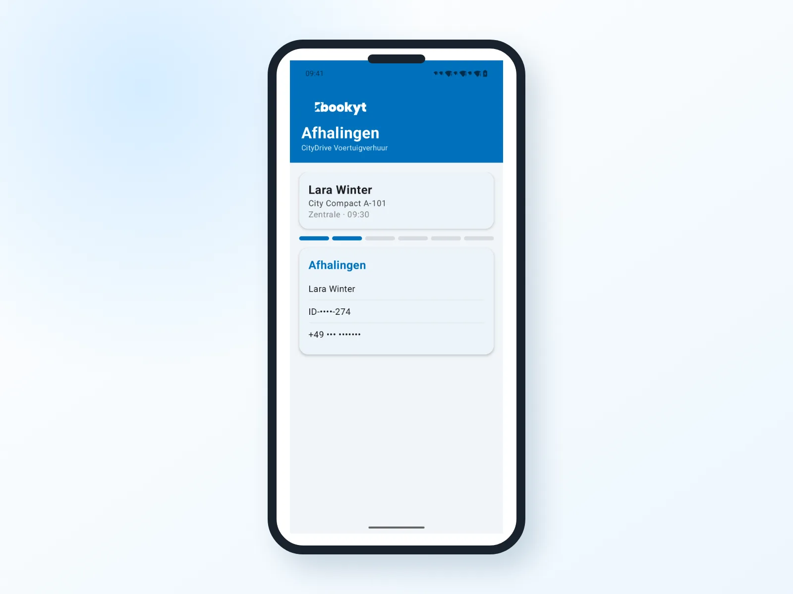 Overdracht met klantgegevens in de Bookyt-app in een Android-smartphonekader