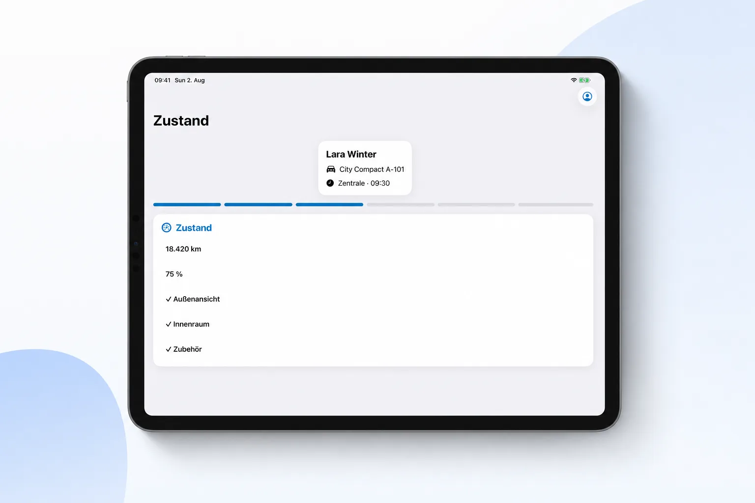 Zustandscheck in der Bookyt App in einem iPad-Rahmen
