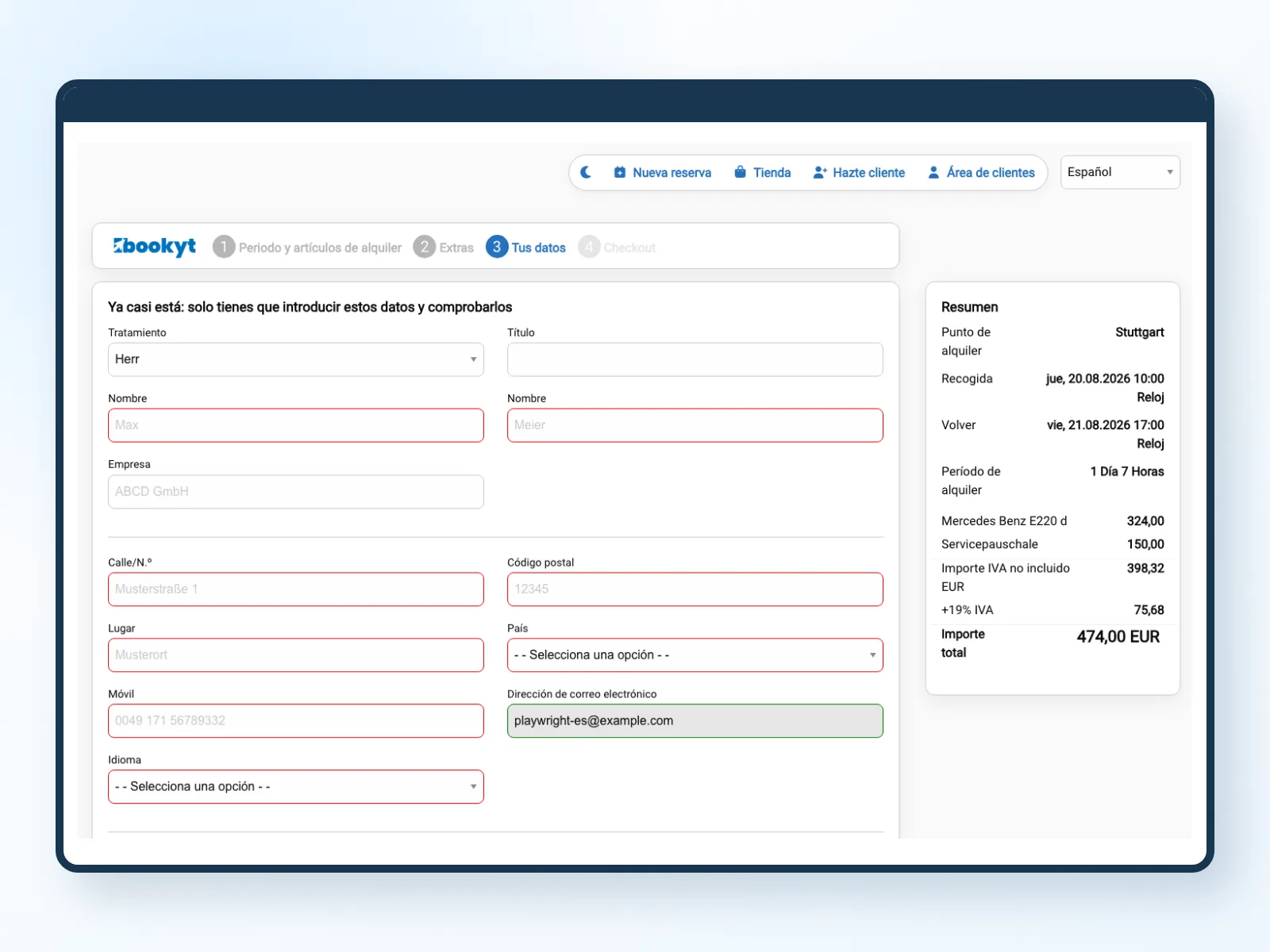 Proceso de pago con los datos del alquiler y el importe total en las reservas online de Bookyt