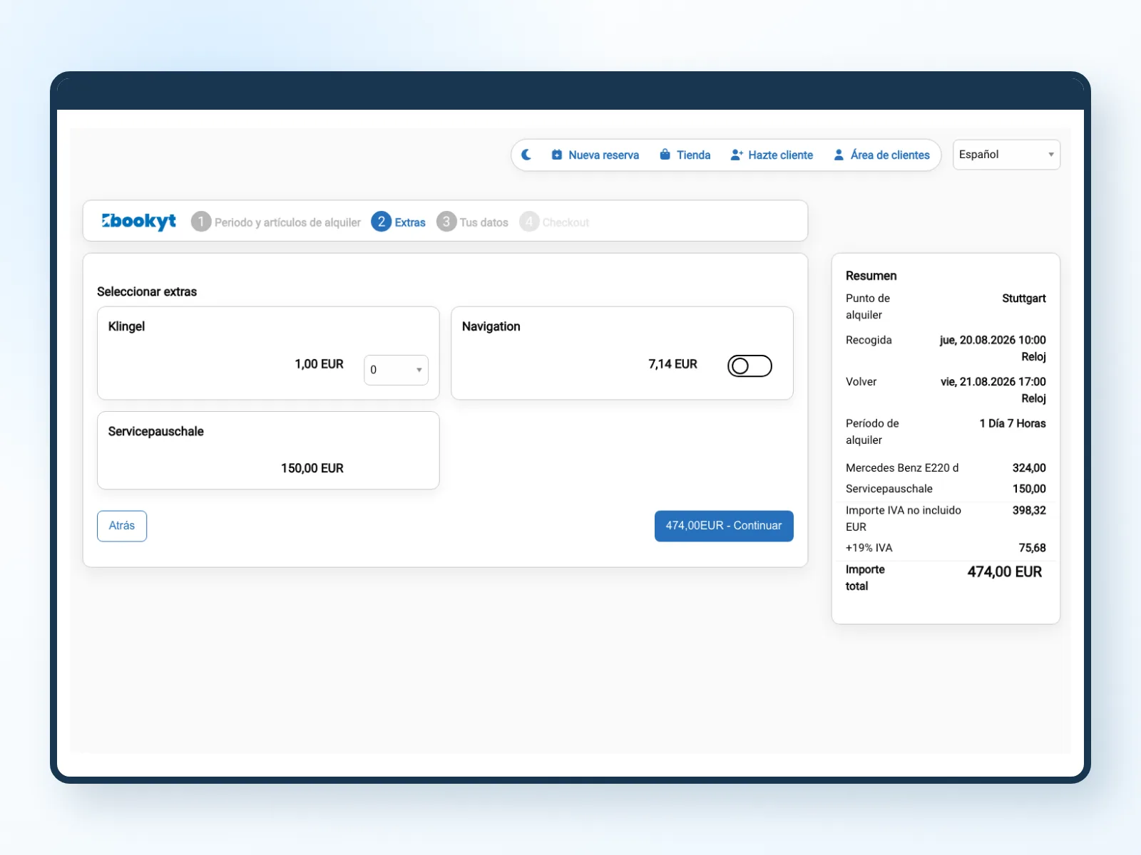 Extras y servicios adicionales durante la reserva online de Bookyt