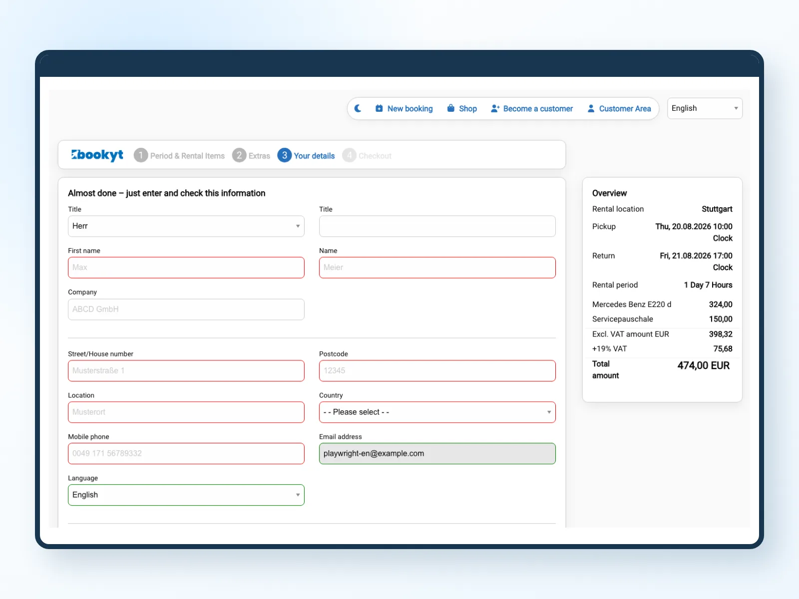Customer details and booking summary before checkout in Bookyt online booking