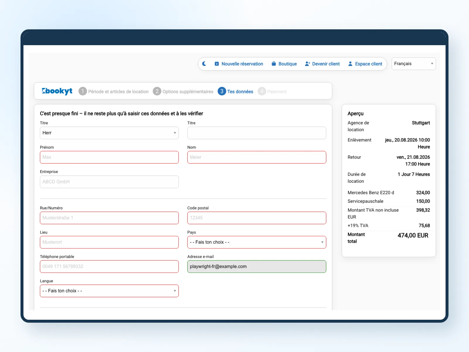Donn&eacute;es client et r&eacute;capitulatif de la r&eacute;servation avant la finalisation de la r&eacute;servation en ligne Bookyt